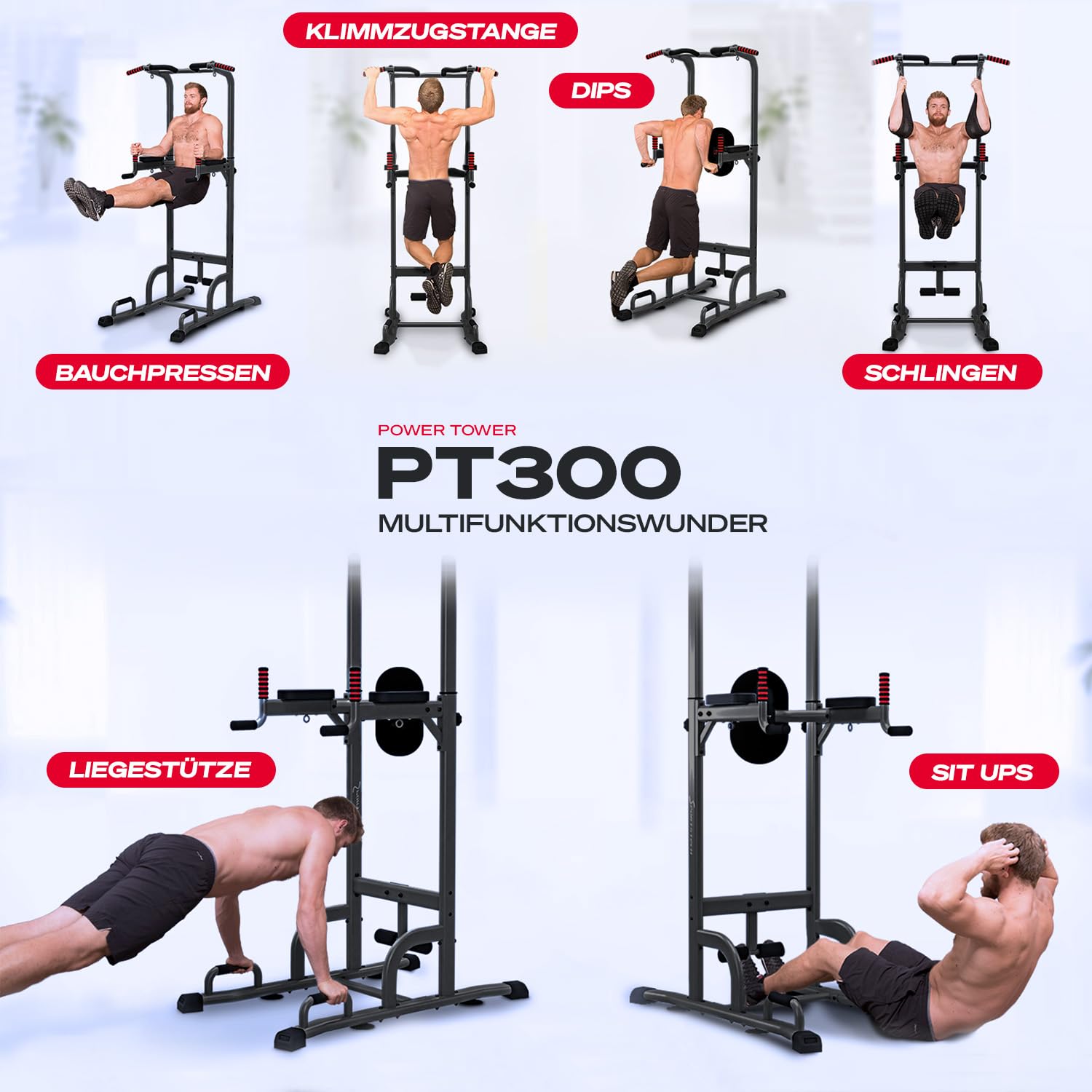 Sportstech Power Tower, multifunktionaler Kraftturm & Dip Station für Zuhause, Klimmzugstange, Liegestützgriffe, 4 Ösen für TRX & Schlingen, höhenverstellbare Dip Barren, Kraftstation für Calisthenics