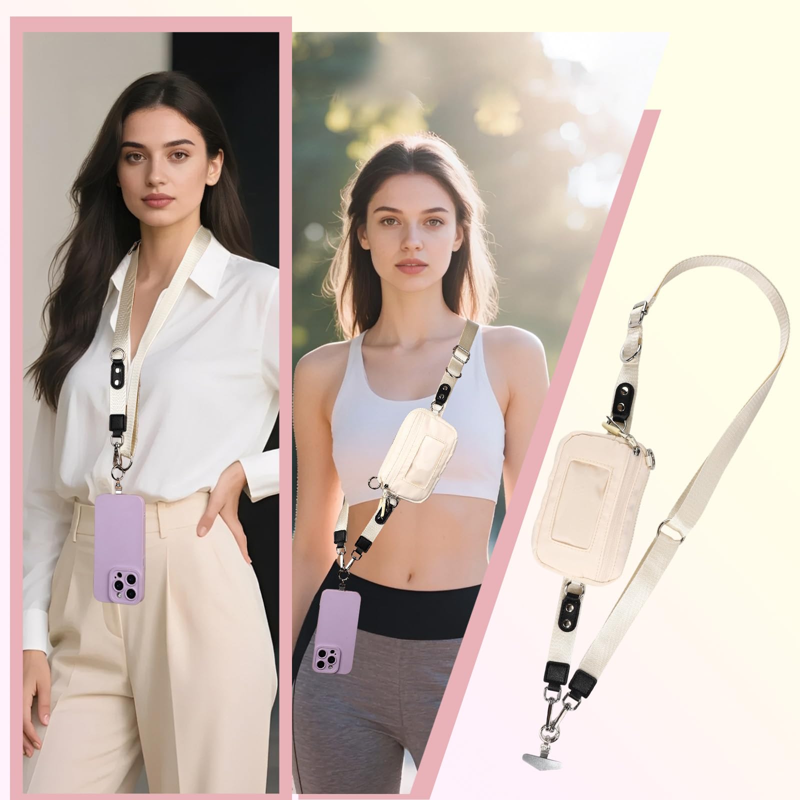 BOXOB Cordino per telefono con clip, cordino regolabile per telefono di 2 lunghezze, pratico portafoglio e custodia per cellulare, cordino con clip, mani libere, per lo shopping