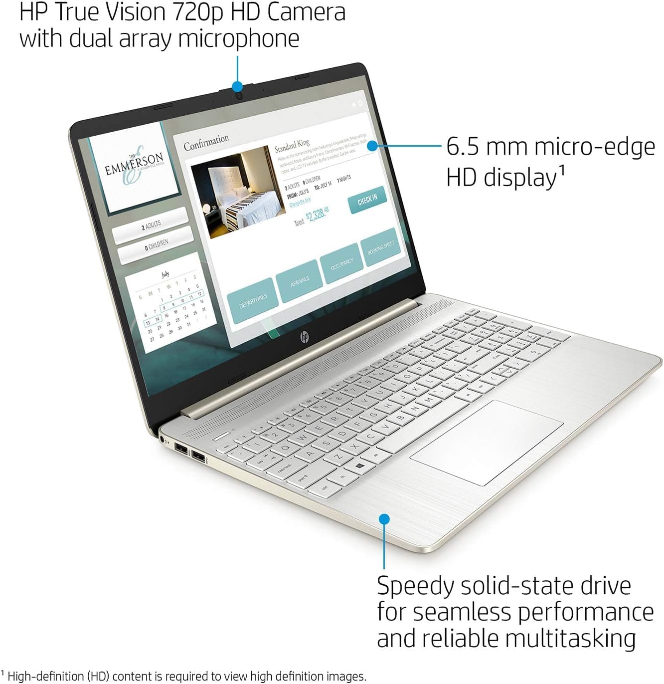 HP 15.6" Everyday Laptop, AMD Efficient Dual-Core Processor, 8GB RAM, 128GB SSD, USB-C, SD Card Reader, HDMI, Wi-Fi & Bluetooth, Long Battery Life, Windows 11 with 1 Year Microsoft 365, Gold