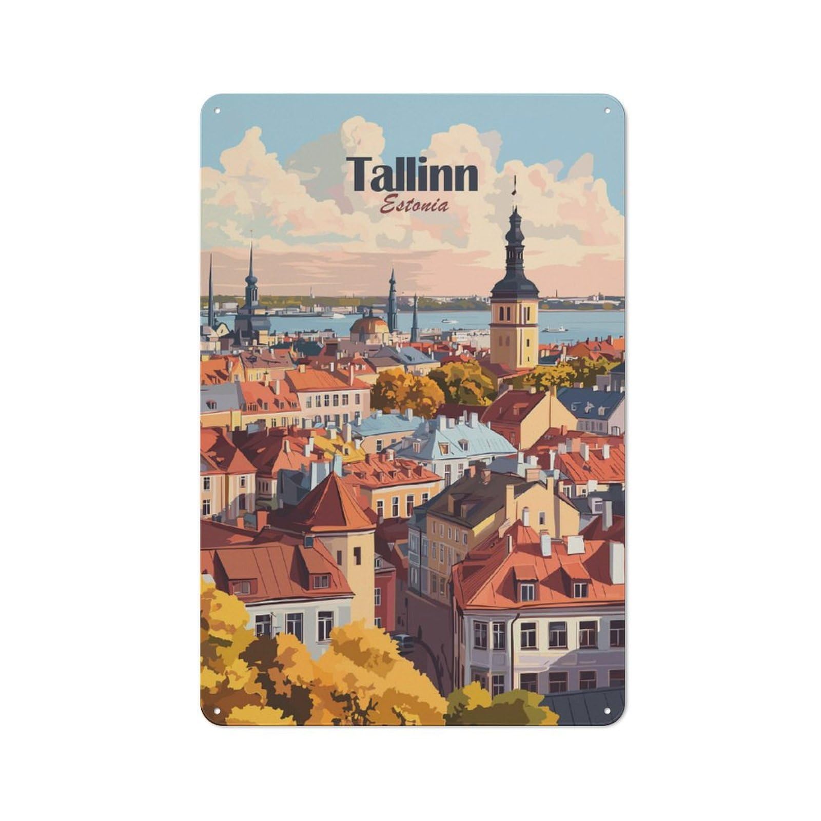 Junmoney Style-10 Urban Metal Wall Art Sign 30X20cm Featuring Tallinn Cityscape, Studio Wall Art For Modern Home, Workshop, Office Or Cafe