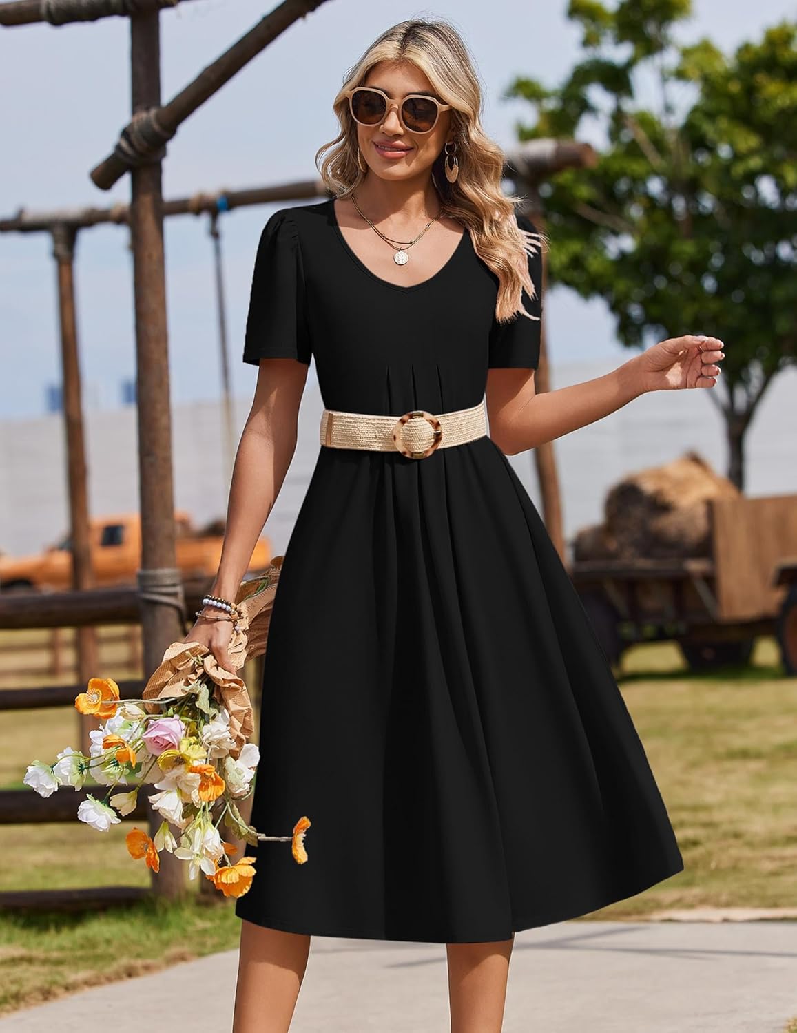 Zeagoo Summer Dress for Women Casual Floral Midi Sundress with Pockets V Neck Pleated Short Sleeve Aline Beach Vacation Dress - Image 5