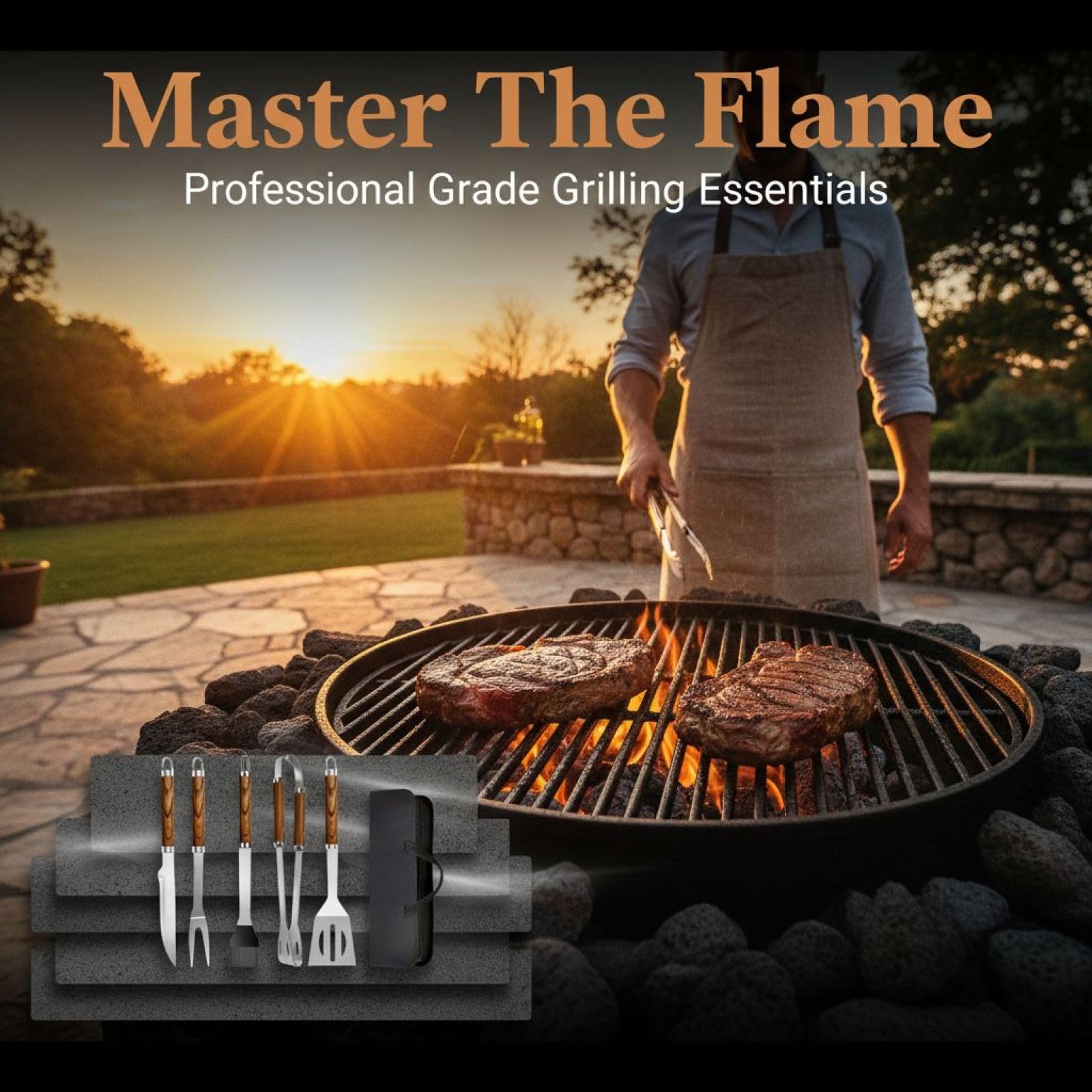 BBQ-Grillwerkzeug-Set, 5-teilig aus Edelstahl, Grillbesteck mit Holzgriffen und Tragetasche, für Outdoor-Kochen und Camping, Maße 15,35 x 4,92 x 1,97 in, Gewicht 1,7 lbs