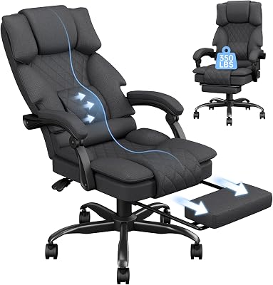 PZDO Office Chair Gaming Chair for Adults, Ergonomic Computer Chairs with Footrest and Wide Seat, Big Tall Fabric Desk Chair, Adjustable Height Office Chairs for Home, Heavy Duty, 350LBS, Deep Grey