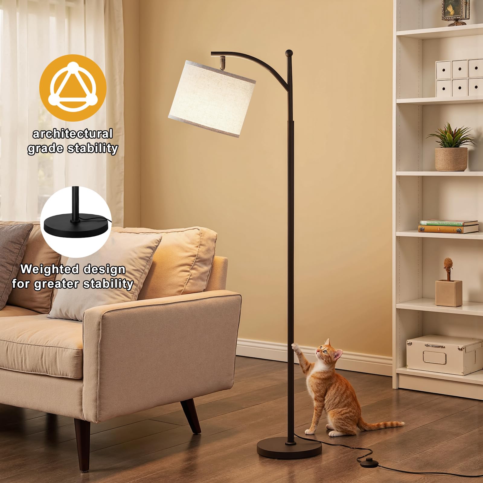 Stehlampe Wohnzimmer, Moderne Stehleuchte mit 3 Farbtemperaturen, LED Standleuchte Hoch mit Verstellbarem Leinenschirm, Stehlampe Vintage für Wohnzimmer Schlafzimmer Büro (Birne Enthalten)