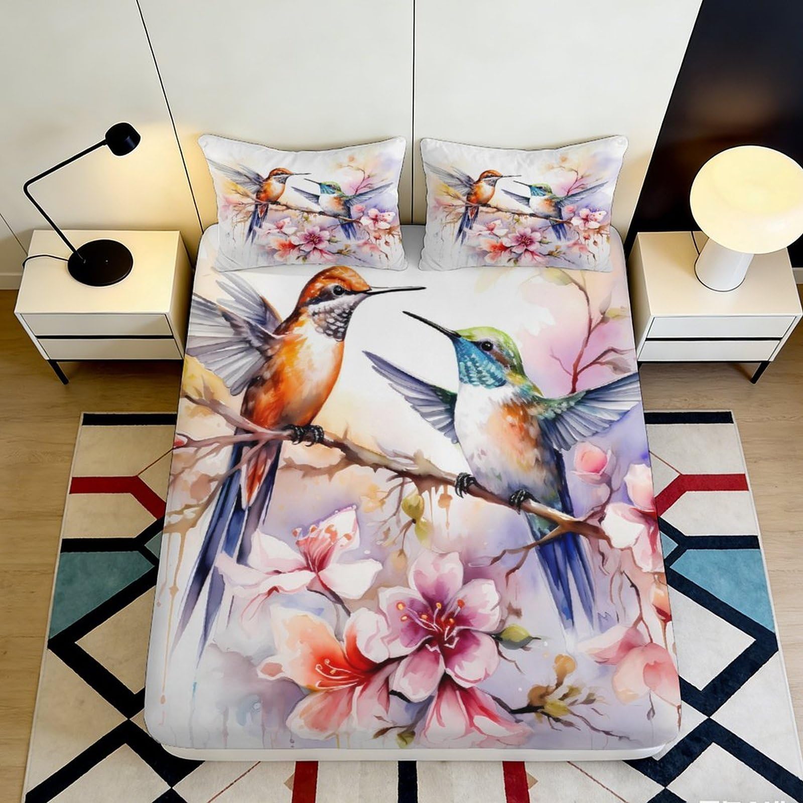 3D Printed Hummingbird Floral Fitted Sheet Microfiber Soft Breathable Bird Pattern Bed Cover for Bedroom Dormitory Guest Room Mattress Protection 120x200x25cm