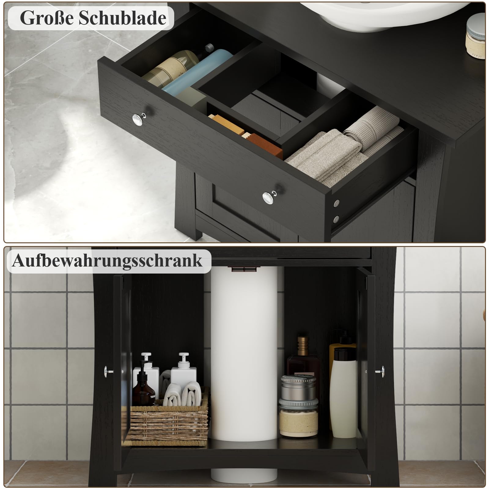 Gyfimoie Waschbeckenunterschrank, Badezimmerschrank mit Schubladen, Badezimmer Unterschrank mit 2 Türen, Badschrank 60 x 30 x 60 cm, Waschbeckenunterschrank mit Füßen