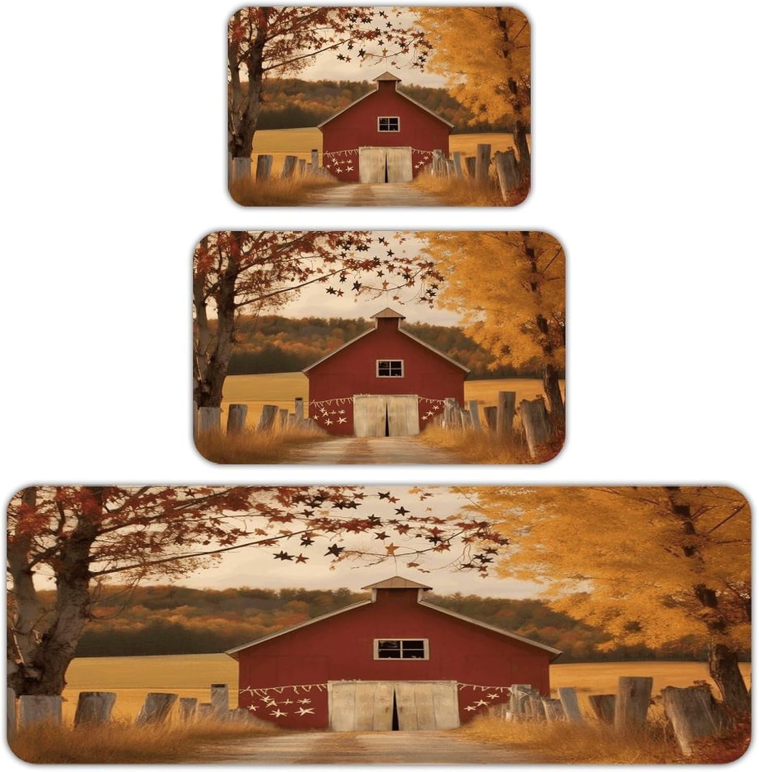 Fall Country Barn Kitchen Rugs Sets of 3 Washable Non Slip Kitchen Rug Water Resistant Carpet Piece Anti Fatigue Kitchen Mats Soft Comfort Standing Mat Modern Area Rug