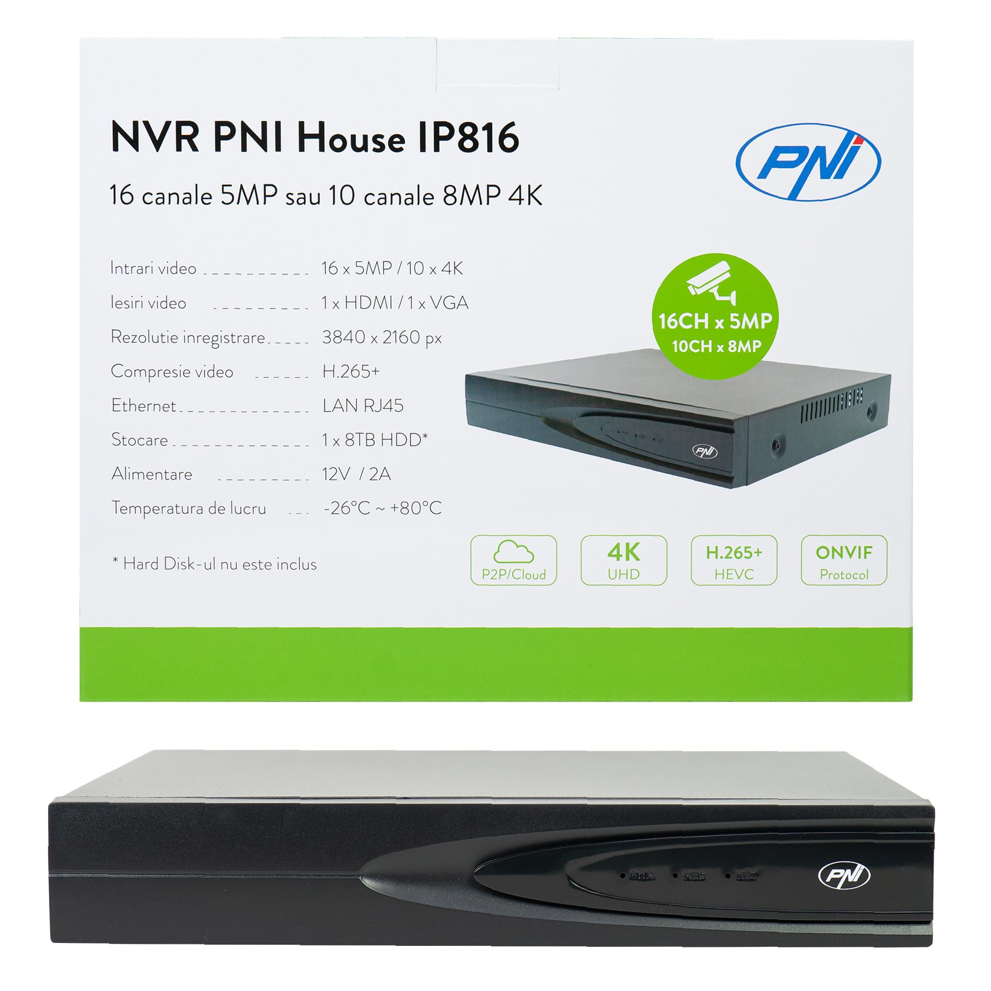 NVR PNI House IP816 con 16 Canali IP 5MP o 10 Canali 8MP 4K