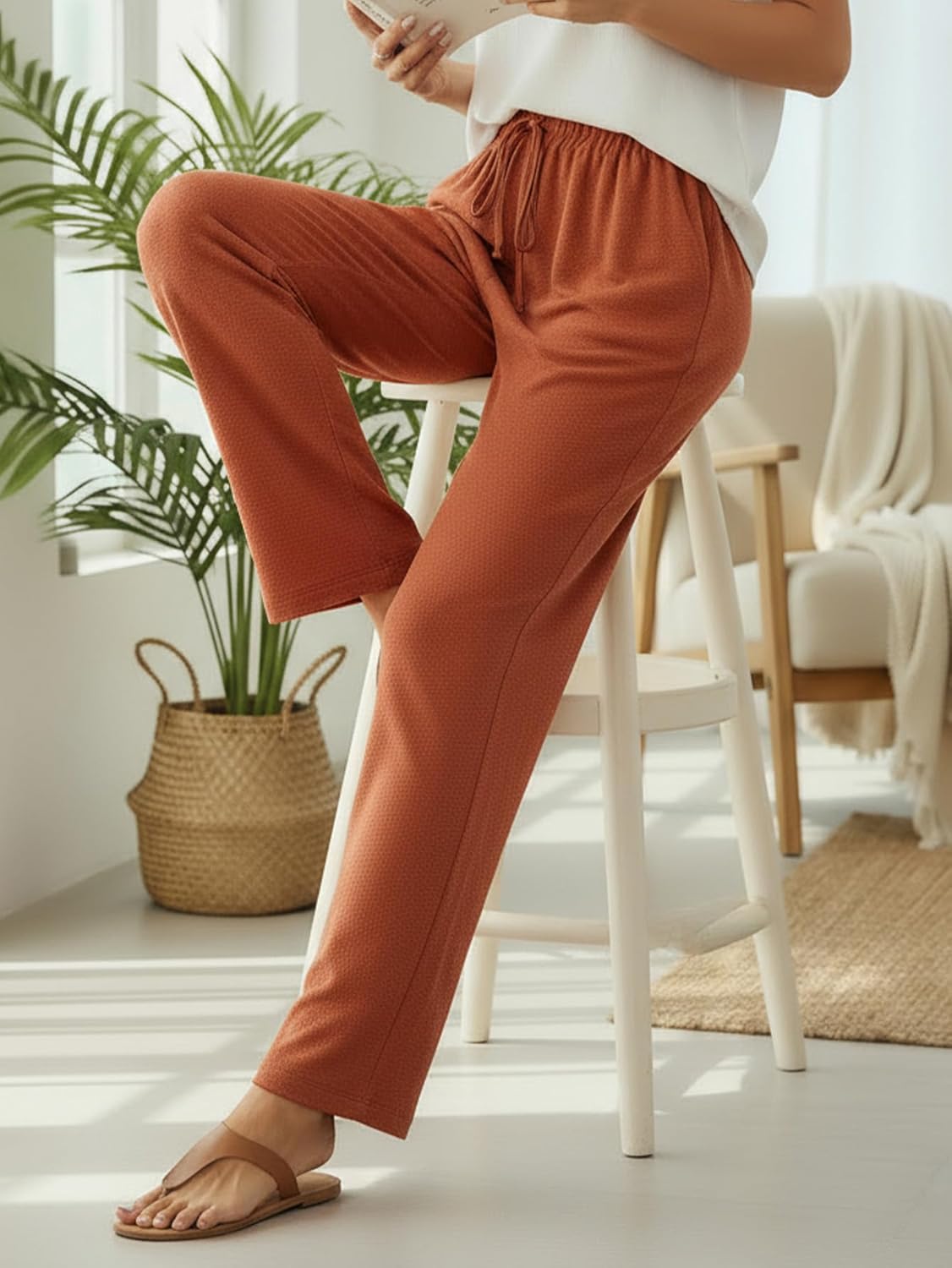 Women's Plus Size Drawstring Elastic Waist Pants Dressy Casual Shirred Straight Leg Trousers - Image 4