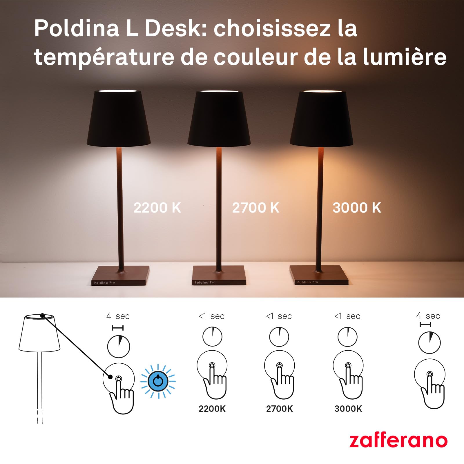 Zafferano, Lampe Poldina L Desk, Lampe de Table Portable et Rechargeable avec Contrôle Tactile, Convient pour le Salon et l'Extérieur, Dimmer 2200-3000 K, Hauteur 49,7 cm, Couleur Gris Foncé