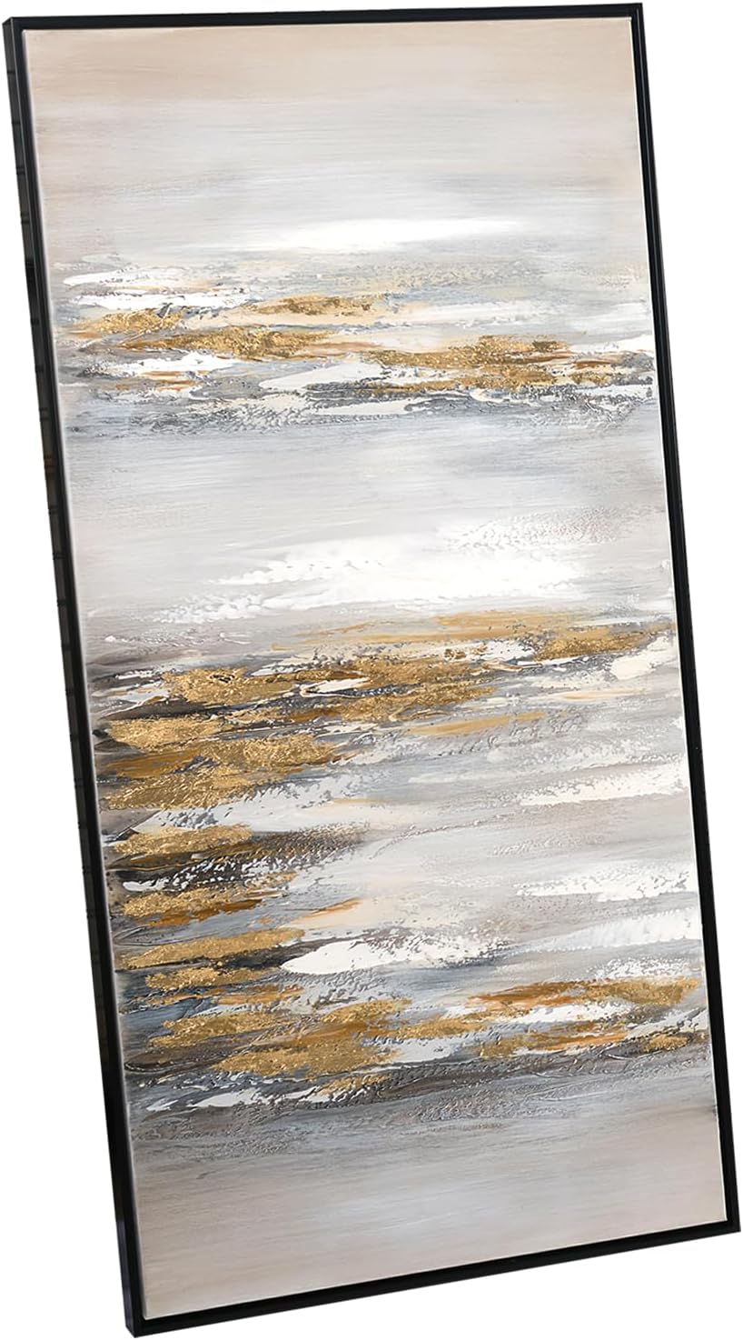 TwoOases Wall Artwork, Hand Painted White and Metal Golden Oil Painting, Gold Embellished Decor Picture, Modern Abstract Fallen Leaves Canvas Painting for Living Room Office 24X48in 24x48 in White and Metal Gold-L