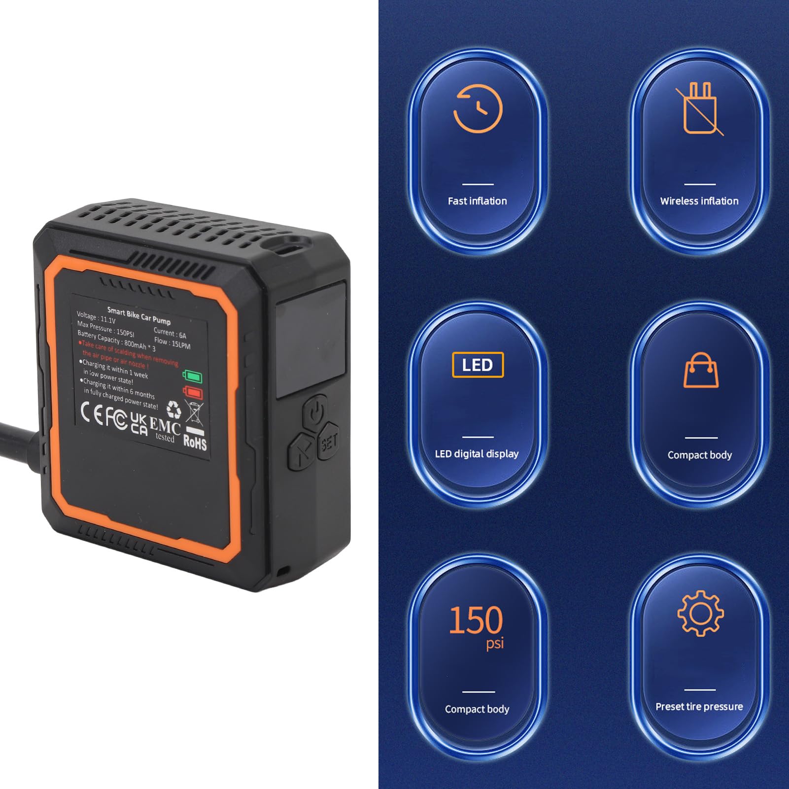 Bomba de aire eléctrica para bicicleta recargable, pantalla LED, inflador rápido inalámbrico de 150 Psi con batería de 2400 mAh para coche, motocicleta, balón, baloncesto, fútbol