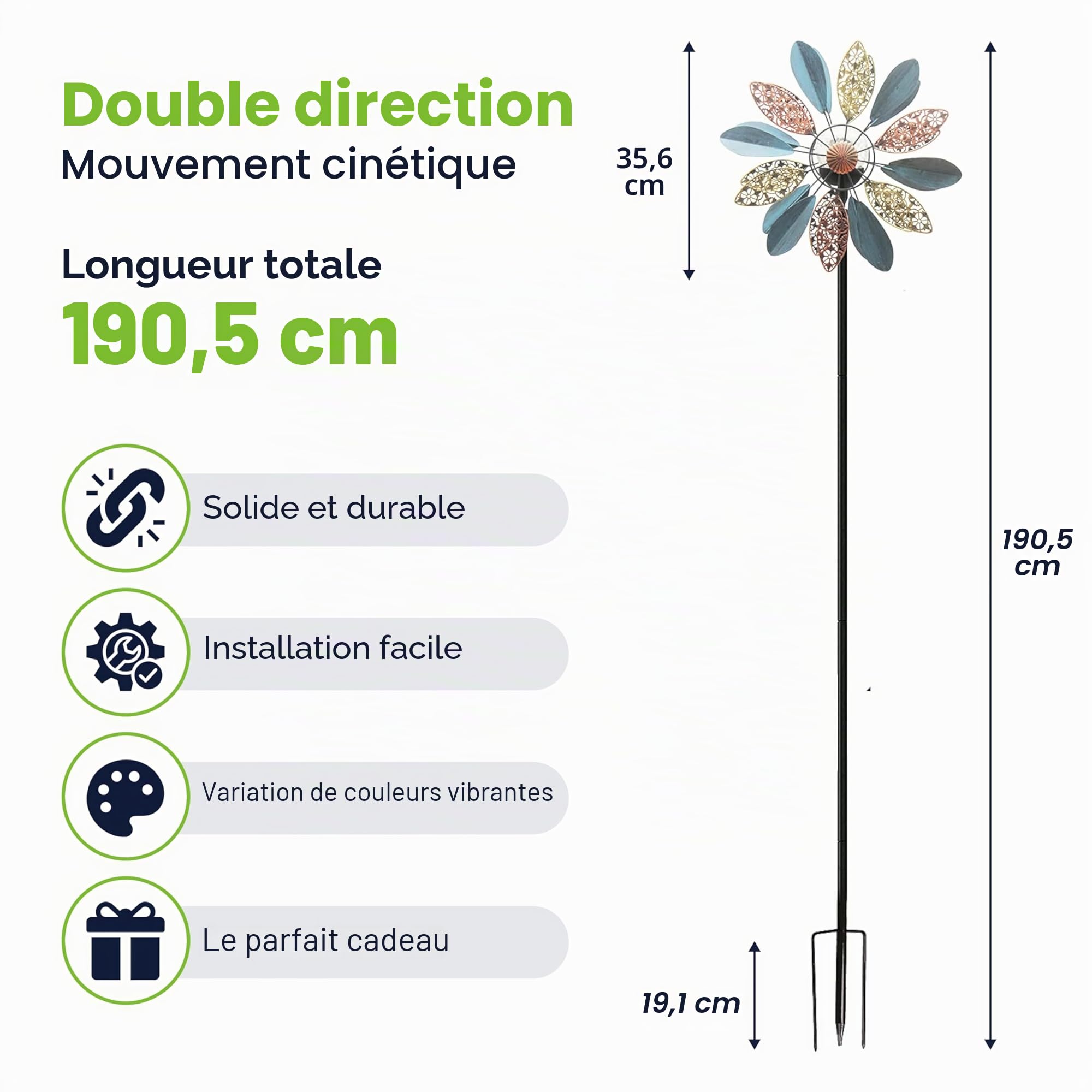 Arabesque Éolienne Solaire Multicolore 190,5 cm avec Boule en Verre à énergie Solaire avec éolienne cinétique Double Sens pour terrasse, pelouse et Jardin.
