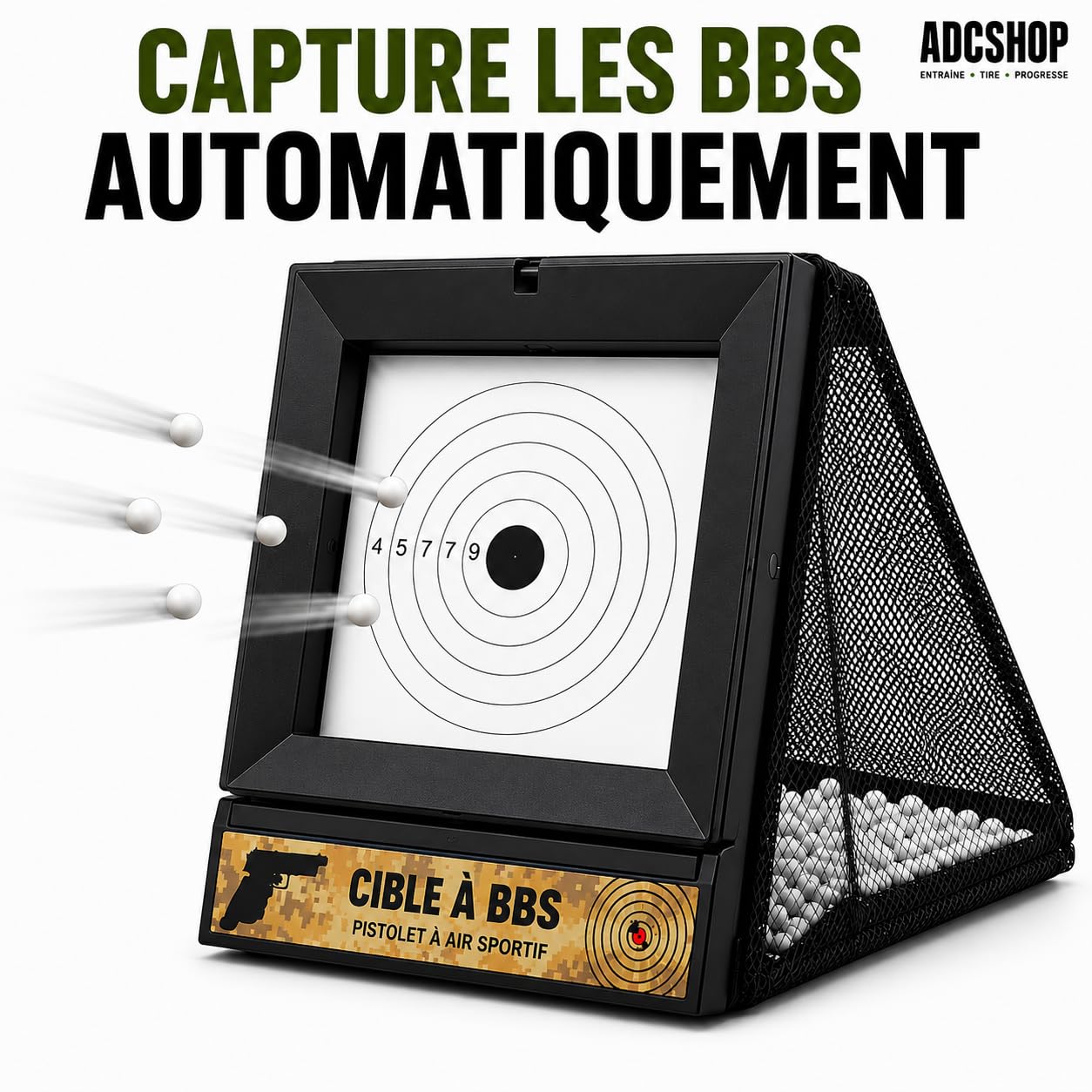 Lot de cibles Airsoft avec filet de capture de billes - 2 modes : score et rotation - Inclut 100 cibles supplémentaires de 17x17 cm