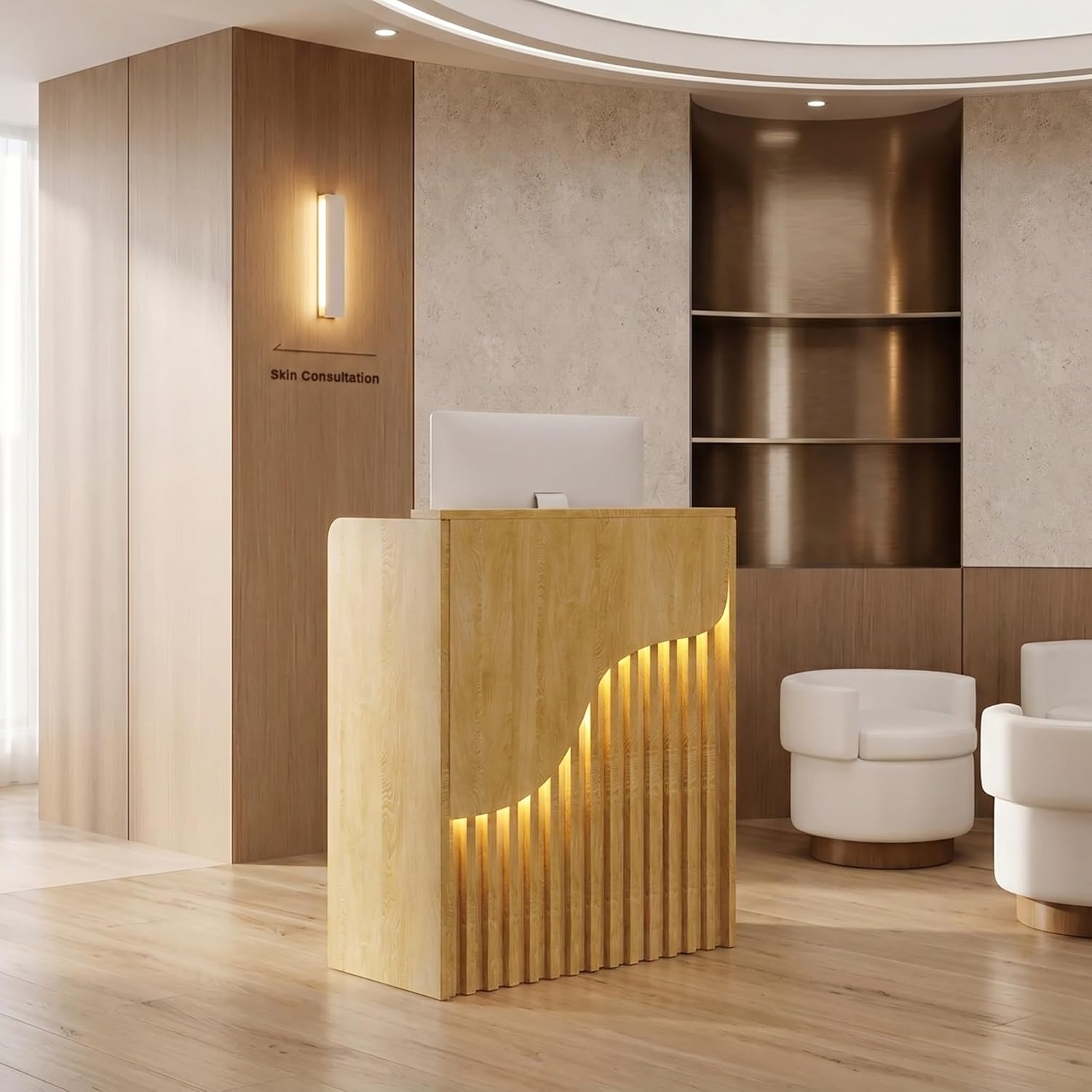 24" Small Reception Desk with LED Lights & Lockable Drawer, Compact Front Desk Counter for Salon, Clinic & Retail Checkout (Natural Oak, 23.6" W x 15.7" D x 37.8" H)