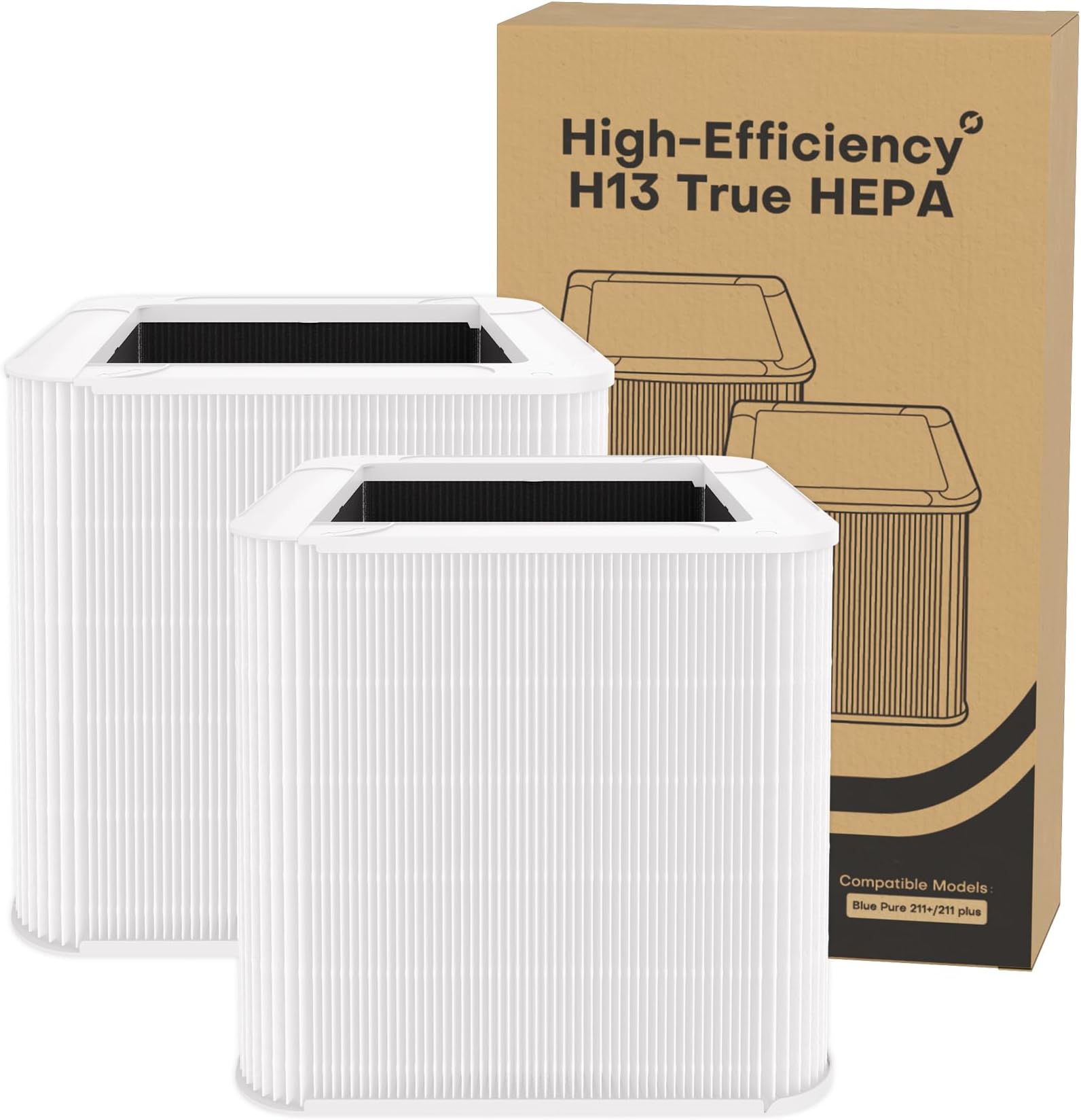 2 Packs 211+ Replacement Filter Compatible with Blueair Blue Pure 211+ Air Purifiers (Non-Auto), High-Efficiency HEPA, Activated Carbon, Remove dust, Pollen, lint, pet Dander, Smoke, VOCs