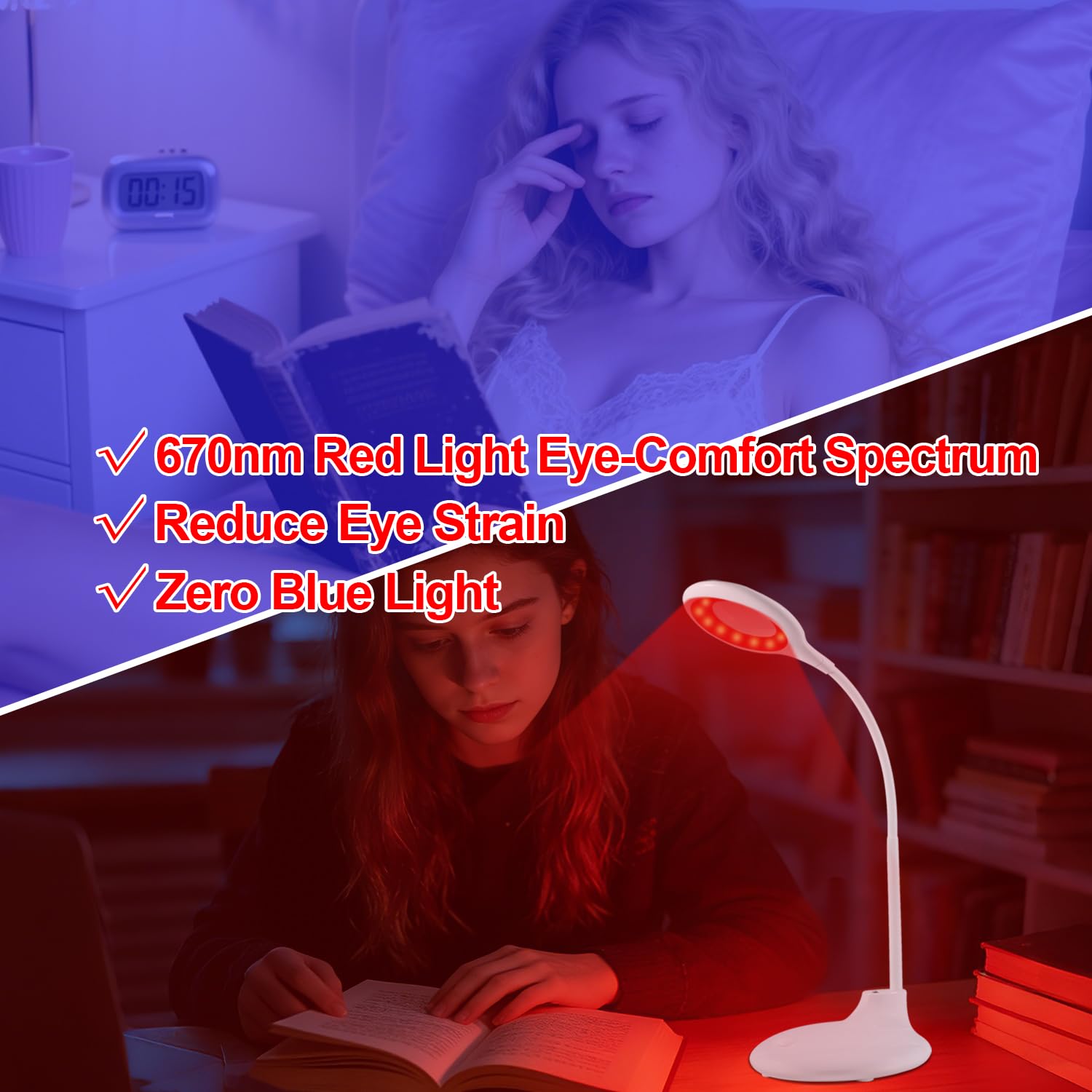 670 nm Rotlicht-Leselampe für Schlaf, kein blaues Licht, wiederaufladbar, dimmbar, tragbar, rotes LED-Licht, zum Lesen bei Nacht, Arbeiten und Basteln – ideales Geschenk für Buchliebhaber