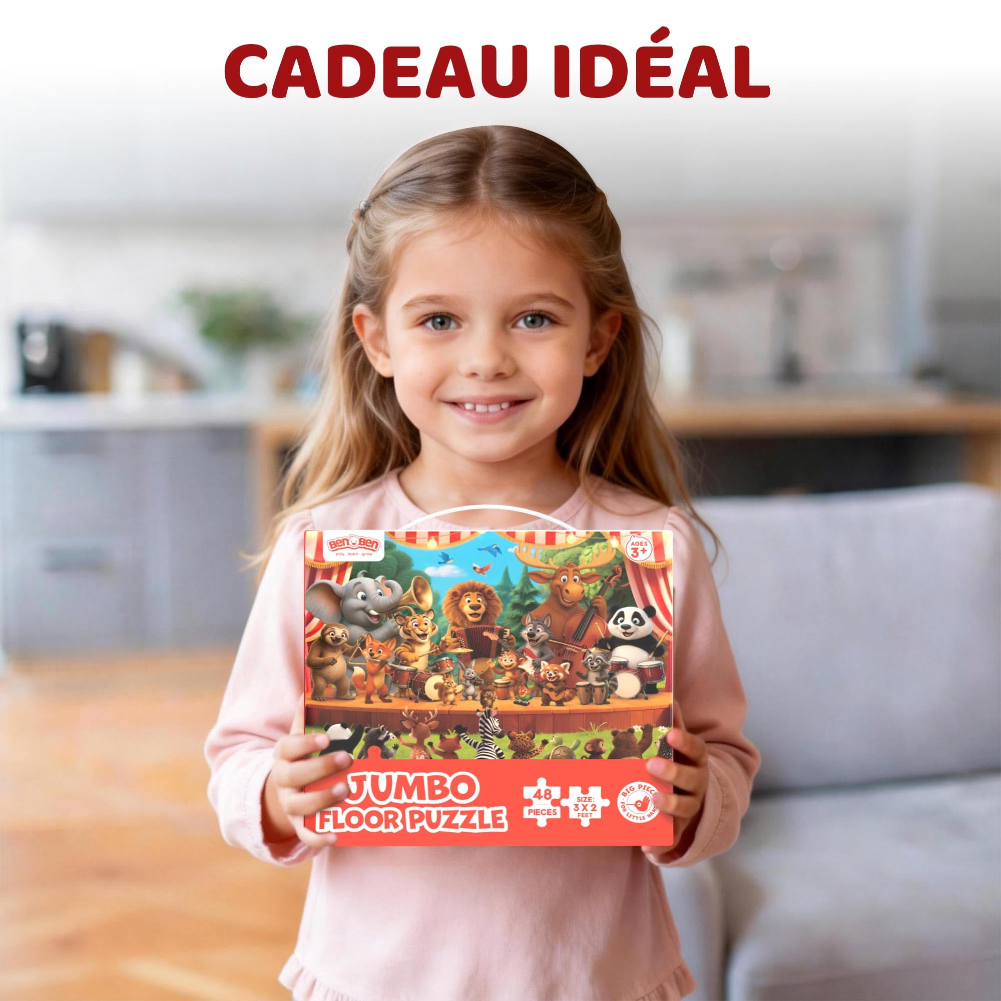 BenBen Grand puzzle de sol à partir de 3 4 ans, puzzle XXL pour enfants de 48 pièces, 90 x 60 cm, cadeau pour garçons et filles, concerts d'animaux