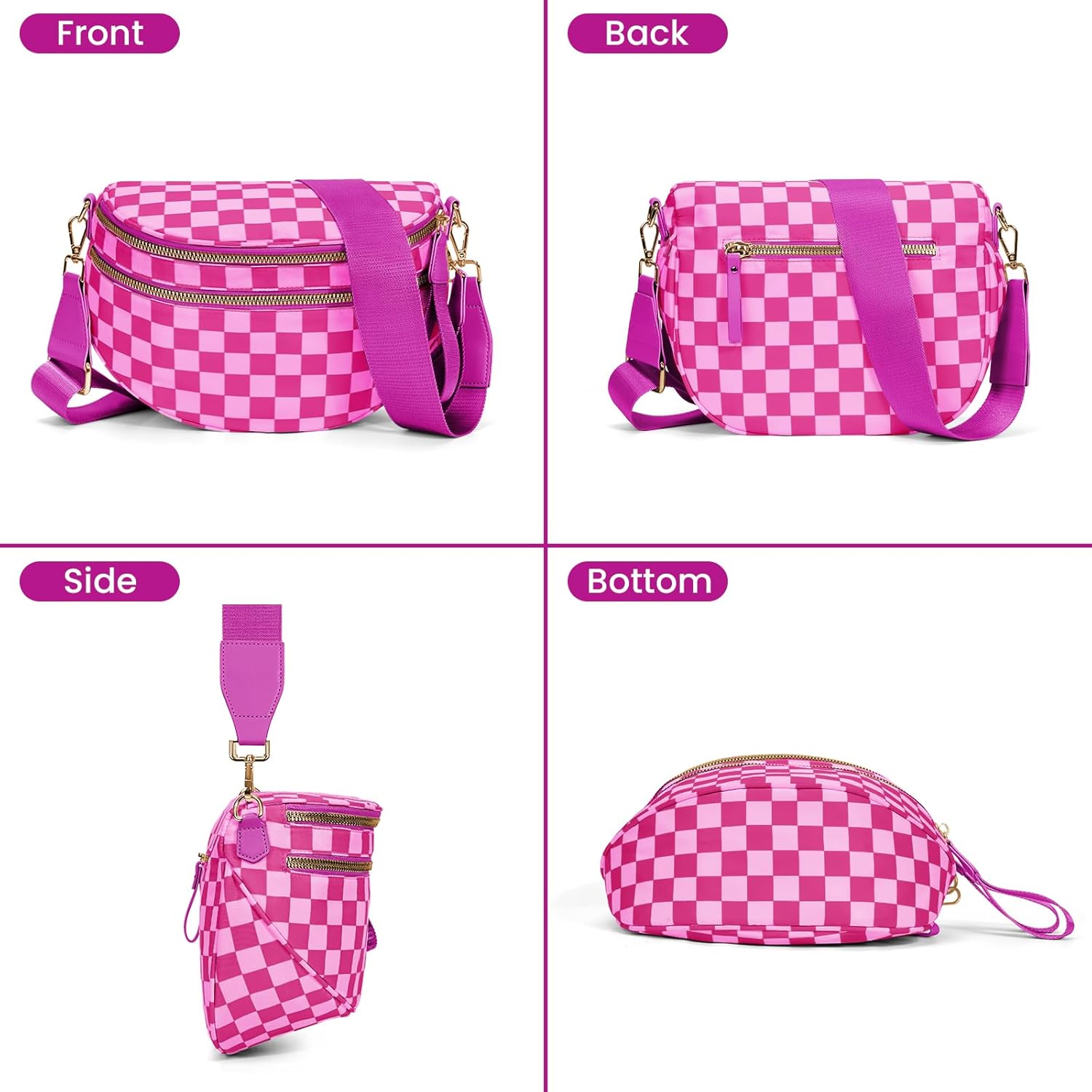 hibear Checkered Crossbody Bag Spacious Bum Bags for Women Nylon Crossbody Fanny Packs Checkered Purse Belt Wallet - Image 4