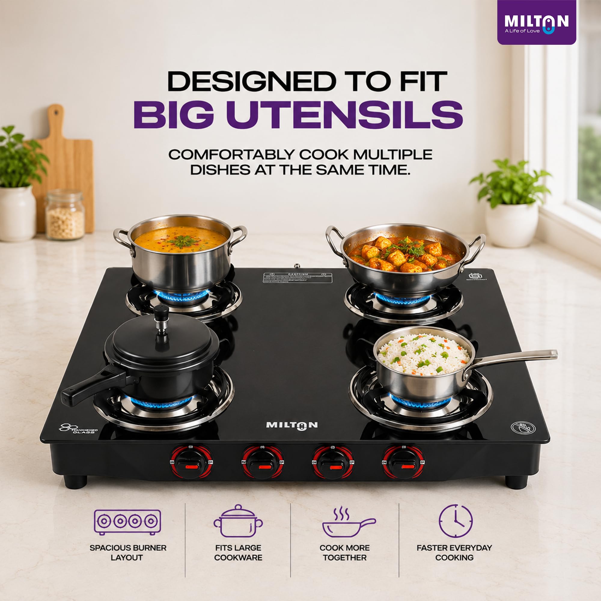 Milton 4 Burner Gas Stove - Black Glass Top -4 Milton 4 Burner Gas Stove - Black Glass Top -4