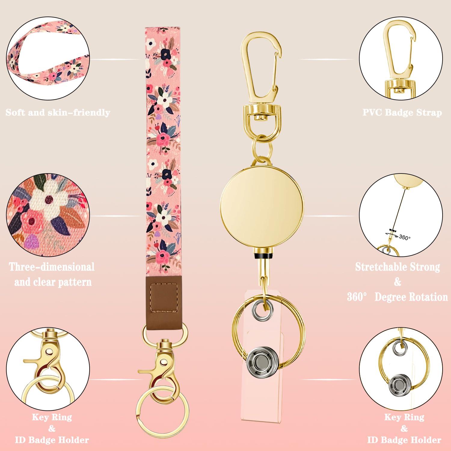 bolimoss Pink Florals Lanyards for Keys Retractable Badge Reel Neck & Wrist Lanyards Keychain Set for ID Badge Holder Cute Key Chain for Women - Image 4