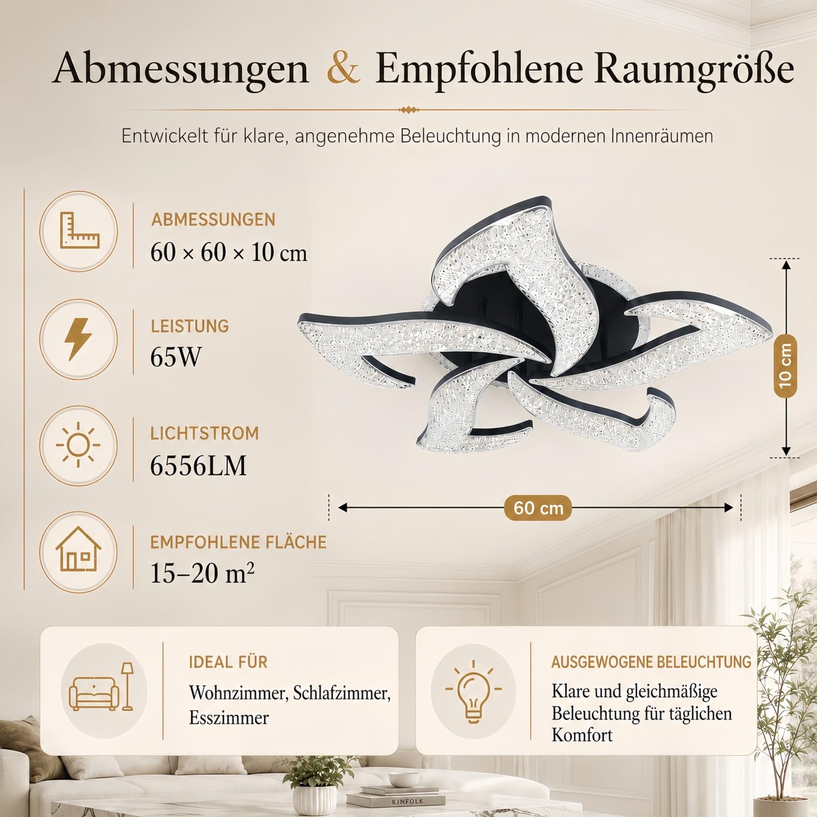 65W 60cm LED Deckenleuchte,Deckenlampe Dimmbar fürs Wohnzimmer | 6556LM helles Licht,2988K-7187K Farbwechsel,Fernbedienung,App und Nachtlicht