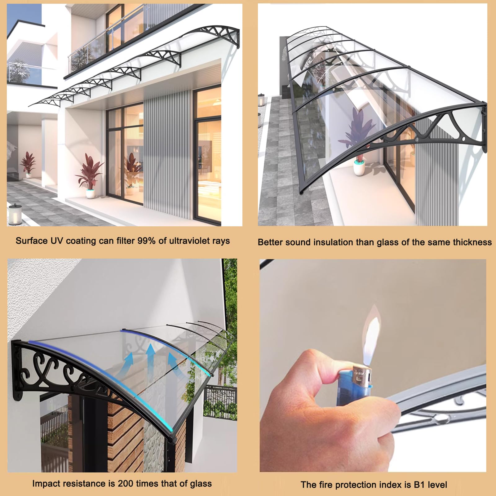 Tettoia per porta esterna in policarbonato, protezione da pioggia, neve e sole, 80 x 180 cm, resistente alle intemperie, elegante copertura per ingresso di case e aziende