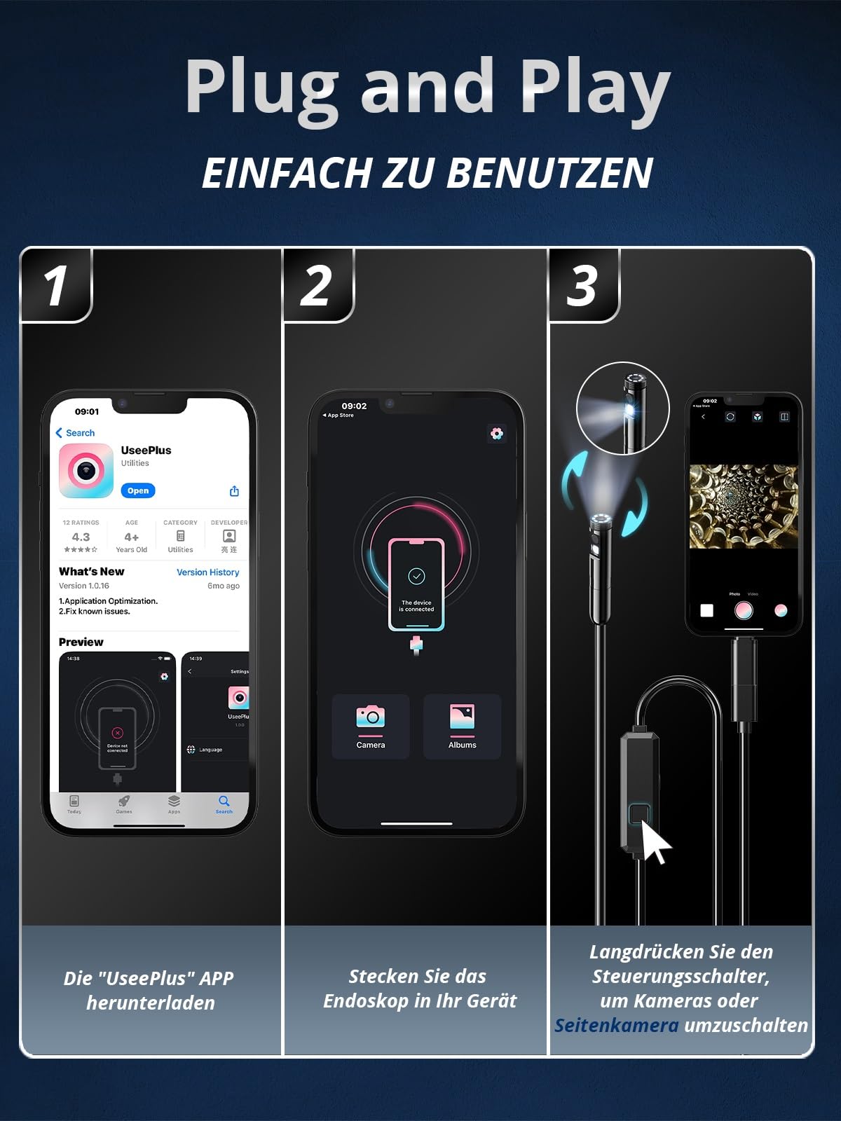Acoath Endoskopkamera mit Licht, 1920 HD Rohrkamera mit 8 LEDs, IP67 Wasserdichtes Inspektionskamer Handy Gadget, 3M Kanalkamera Werkzeuge für Android & iOS - 2 Lenses