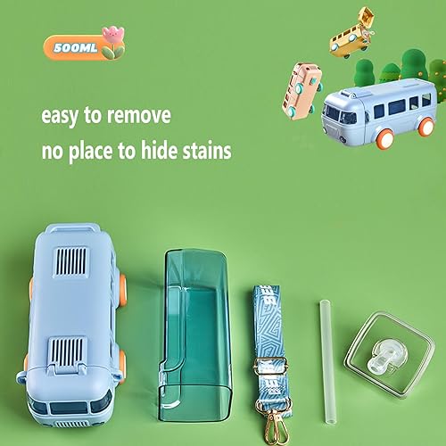 Miniatura 5 de Botella de agua de autobús con ruedas, taza de agua portátil de 16 onzas en forma de autobús, botella de agua para niños con correa, tapa abatible