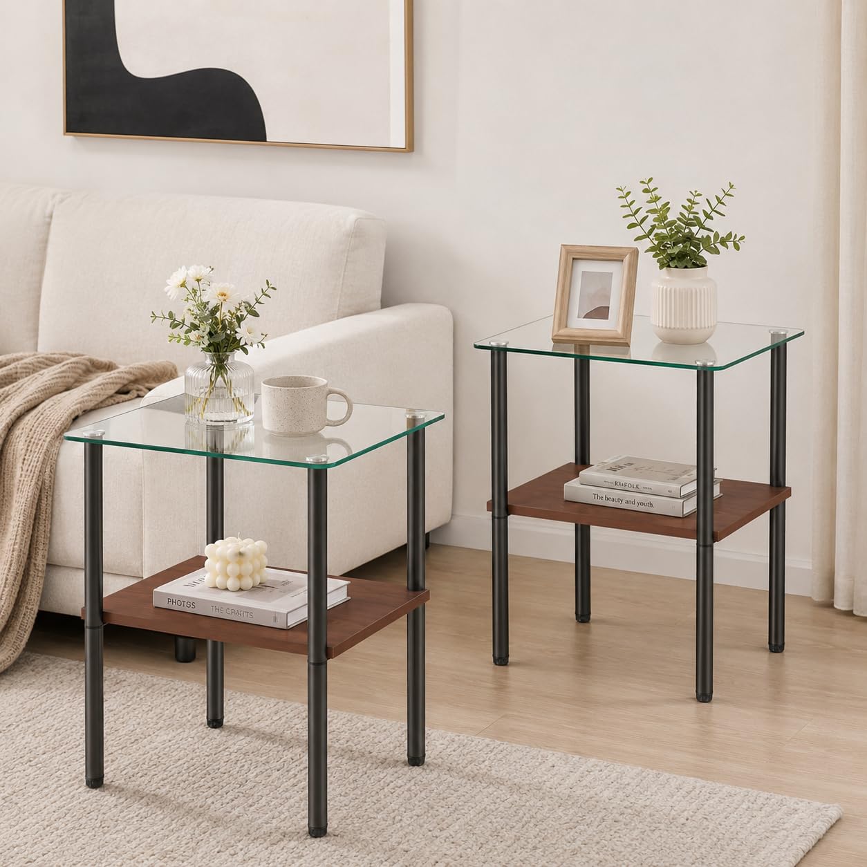 Glass Side Table Set of 2, 16.3'' Small End Table, Square Sofa Side Table with Tempered Glass Top and Metal Legs, Minimalist Accent Table for Living Room, Bedroom, Easy Assembly