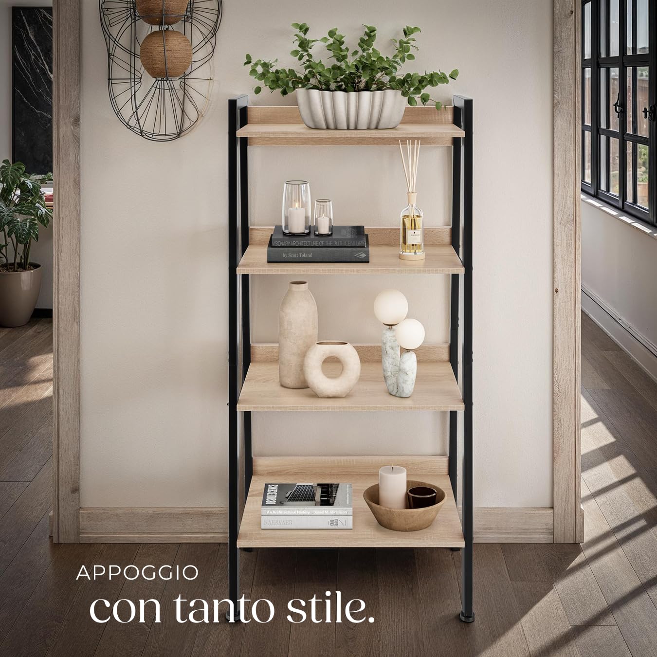 tectake® Scaffale a Scala, Libreria Verticale con 4 Ripiani, Struttura in Acciaio porta libri, Libreria Verticale, Facile Montaggio - 57,5x34x138 cm - Legno industriale chiaro