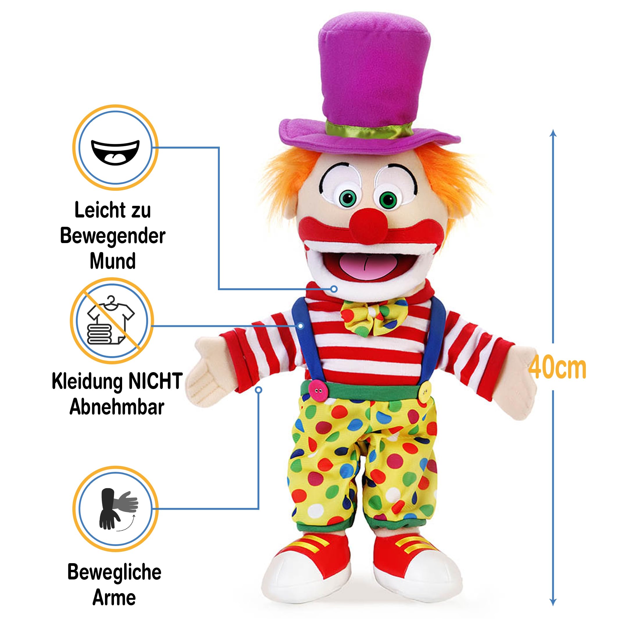 Clown von Silly Puppets | 40 cm Handpuppe für Kinder | Mit Beweglichem Mund Und Armen | Abnehmbare Handwaschbare Kleidung
