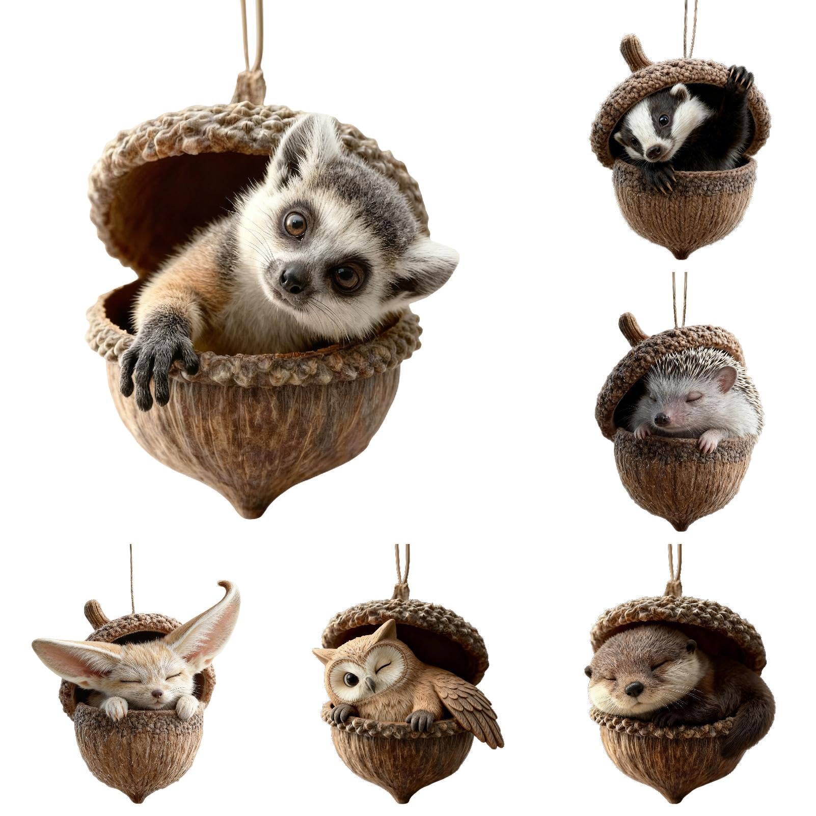 6PCS Forest Animal Acorn Ornament,Forest Christmas Ornaments and Craft，B