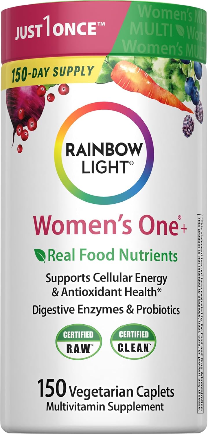 Rainbow Light Womens Multivitamin One + | 150 Caplets | Supports Cellular Energy & Antioxidant Health | Real Food Nutrients, Digestive Enzymes & Probiotics | with Vitamins C, D, and Zinc
