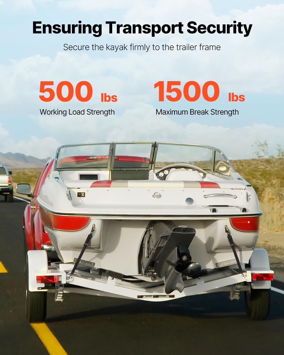 VEVOR Boat Trailer Transom Straps (2PK), 2’’ x 48’’ Adjustable Boat Straps 1,500lb Break Strength with Security Lock S Hooks and Boat Pads, Transom Tiedowns for Trailer, Boat or Kayak Secure