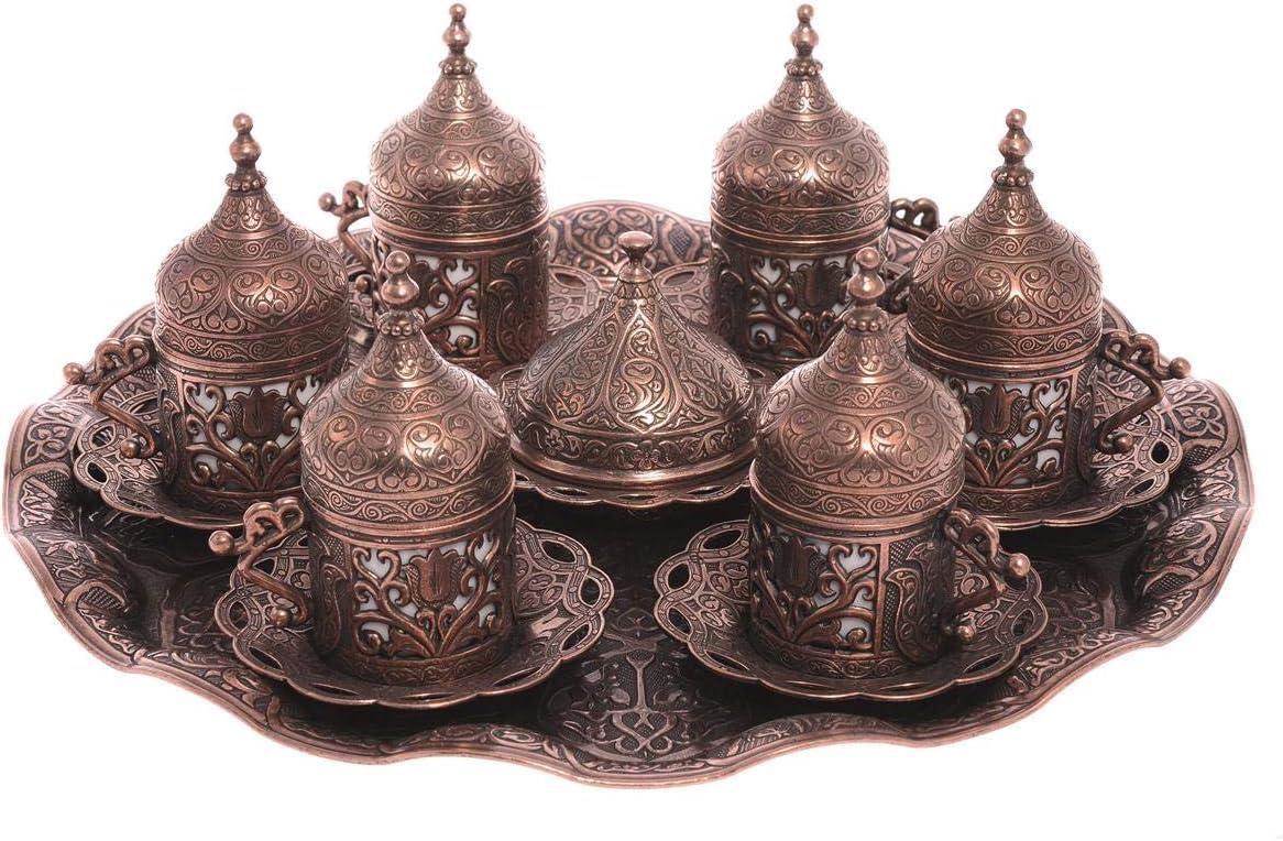 Coffee Presentation Set Coffee Cup Set for 6 People Turkish Arab Greek Coffee Cup Espresso Latte Traditional Ottoman Turkish Coffee Set for 6 People (Copper Antique)