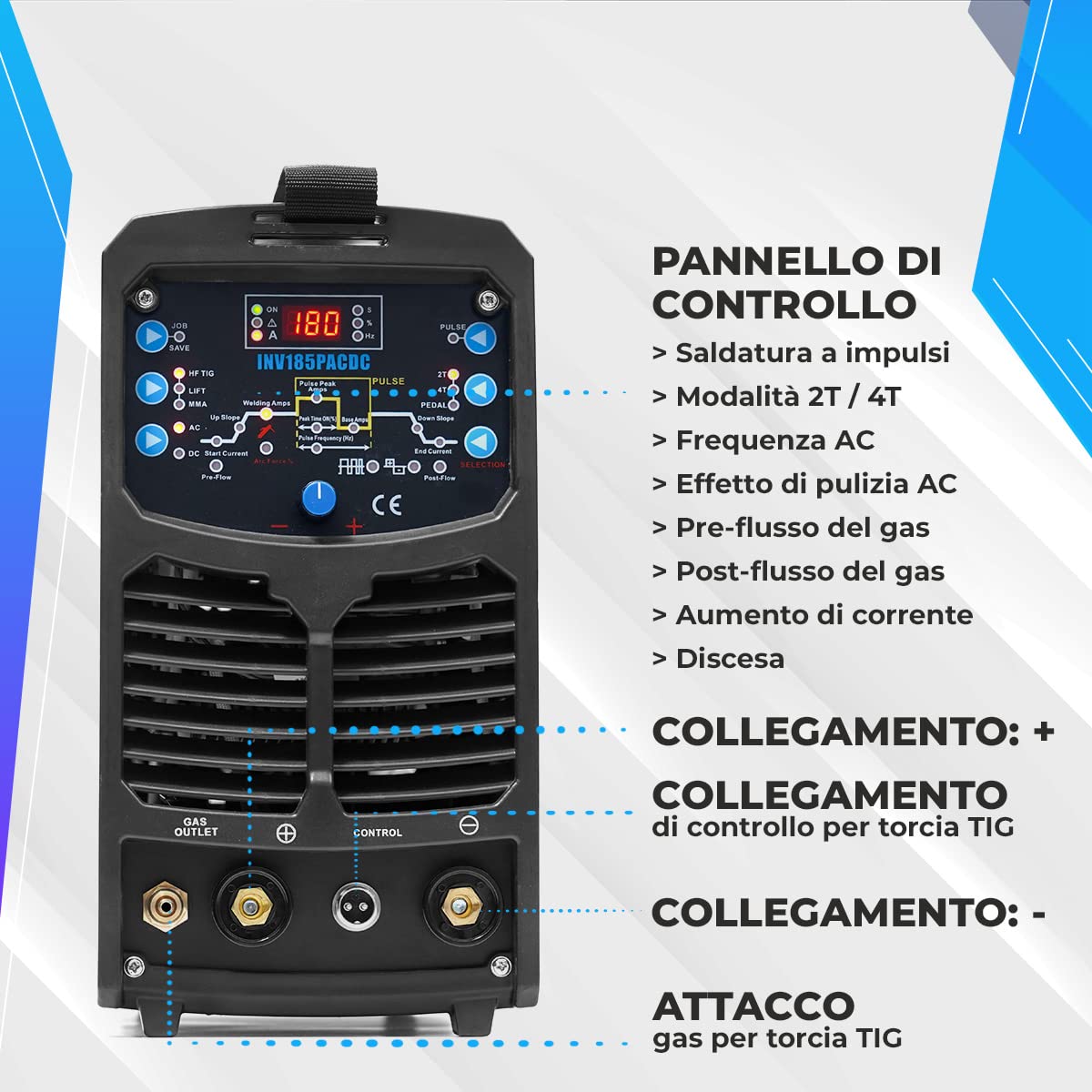 IPOTOOLS TIG INV185PACDC Saldatrice TIG - Saldatrice TIG con IGBT 180A 230V, Saldatrice a elettrodo MMA 3 in 1, Saldatrice portatile, 7 anni di garanzia