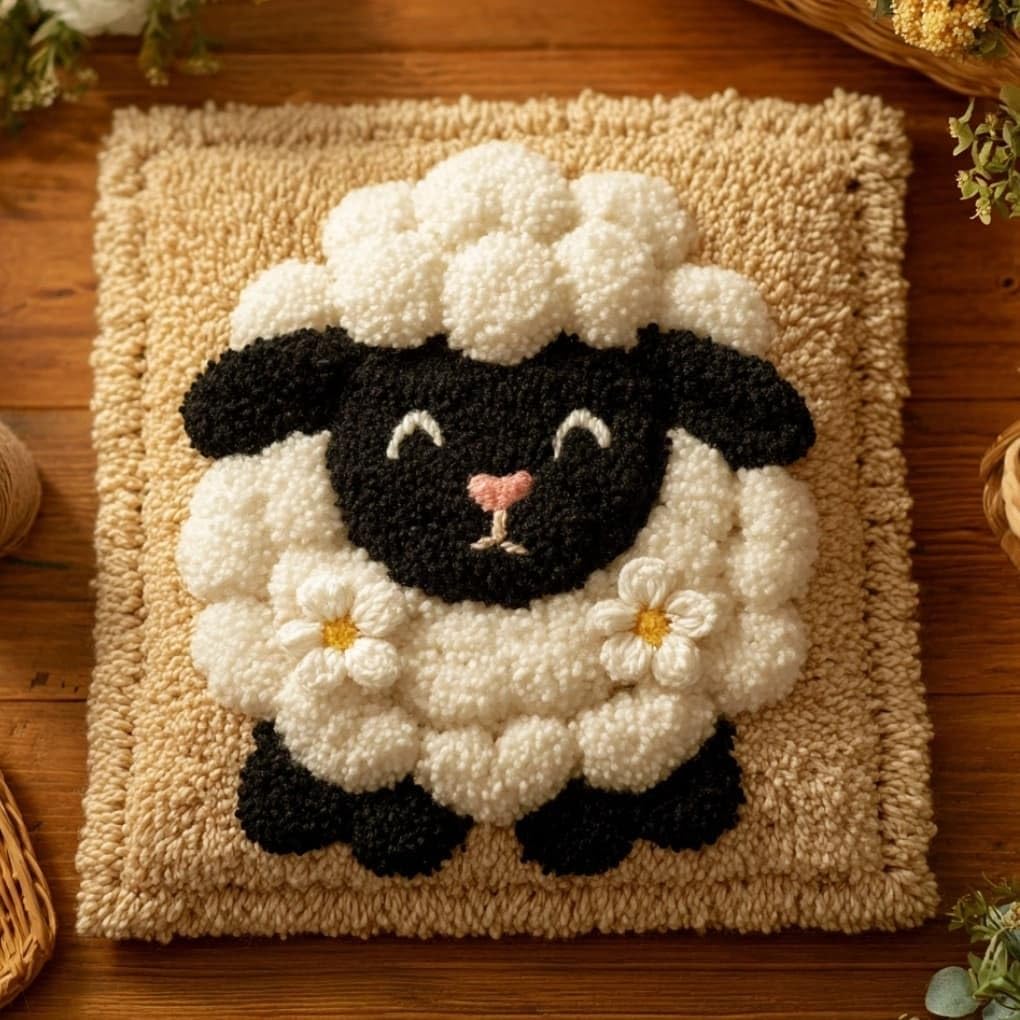 AxiangziK Latch Hook Cushion Kit,Sheep DIY Embroidery Pillow Cover 43X43Cm
