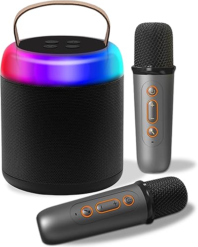 Ringkok Máquina de karaoke para niños, mini máquina de karaoke con 2 micrófonos inalámbricos y luz que cambia de color, altavoz portátil de karaoke