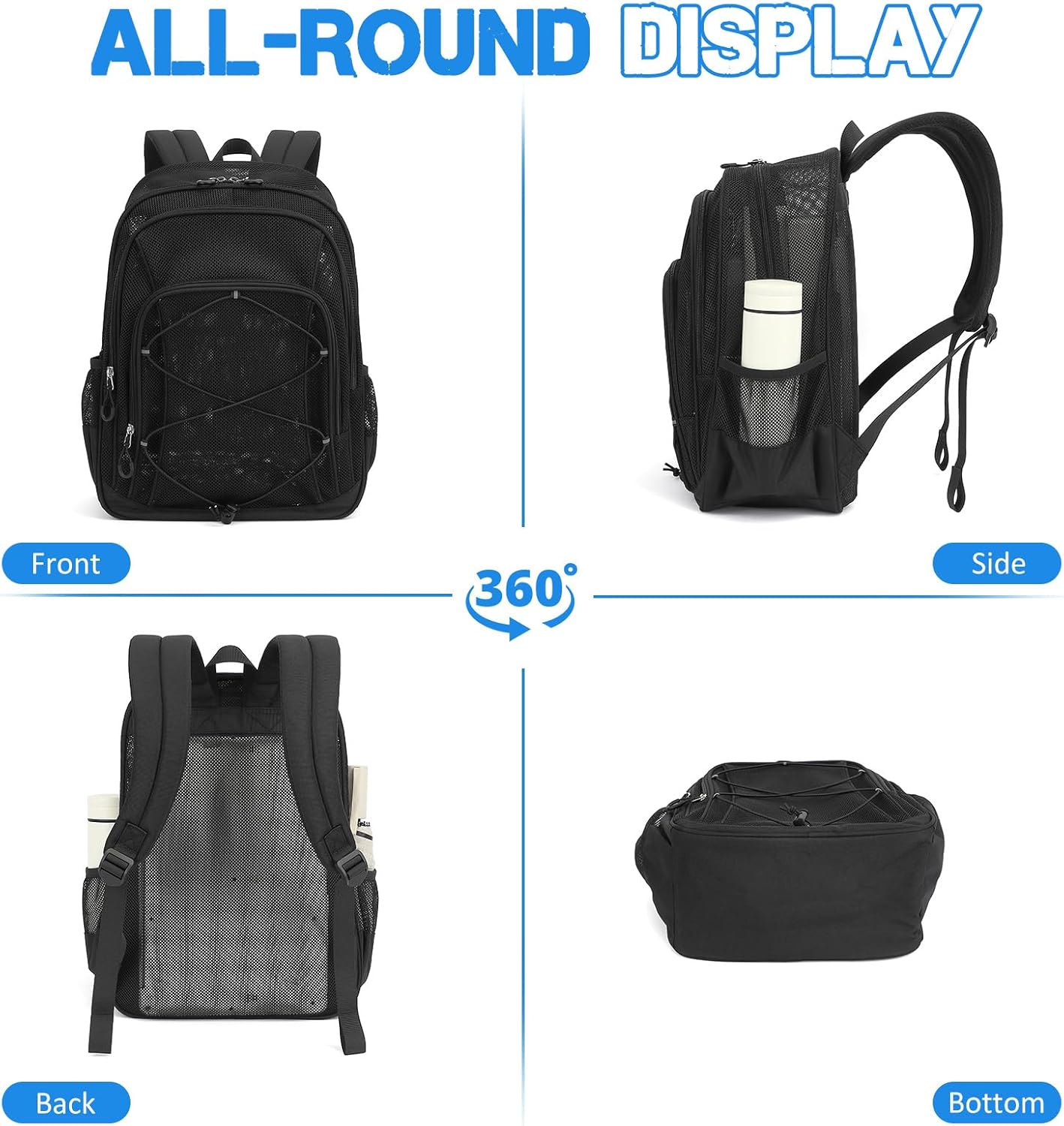 Sisipoet Mesh Backpack, Heavy Duty Mesh Bookbag for Girls Boys Kids, See Through Clear Backpacks, Net Backpack Transparent Breathable for School Beach Swim Travel Outdoor, Black