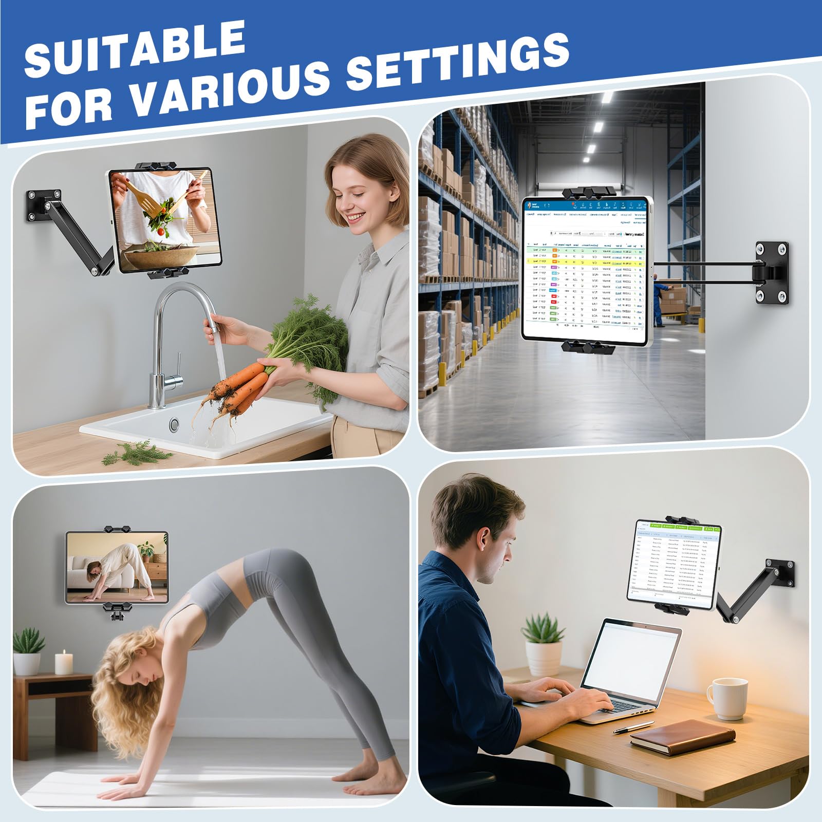 Supporto da Parete per Tablet in Alluminio con Rotazione 360°, Staffa Muro iPad Compatibile 4-13,5 Pollici