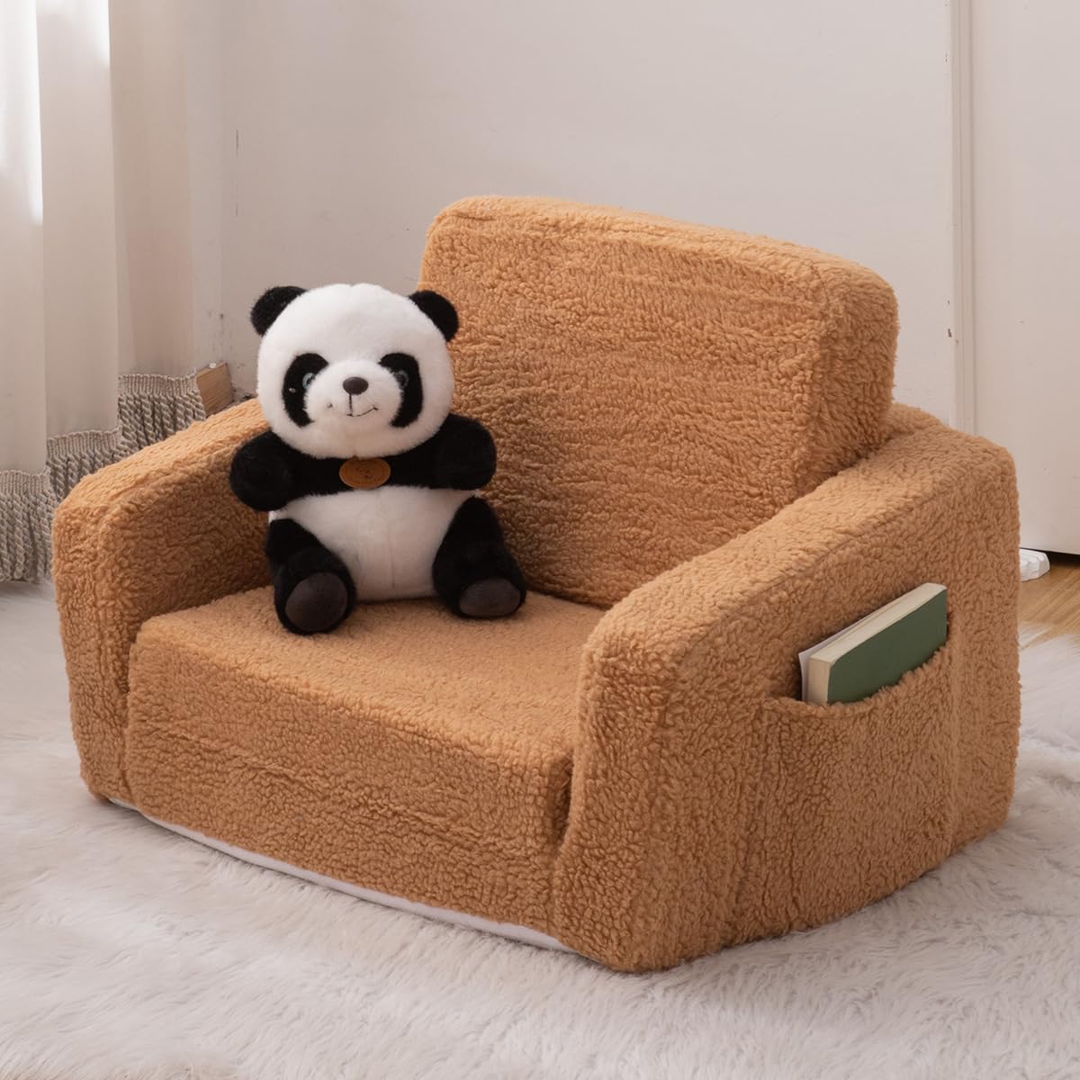 Toddler Baby Chair Couch Sofa Kids Foldable 2-in-1 Sherpa Fold Out Couch Toddler Chairs Comfy for Boys & Girls Convertible Kids Furniture lounge chair for Playroom with Double Pockets, Dark Camel