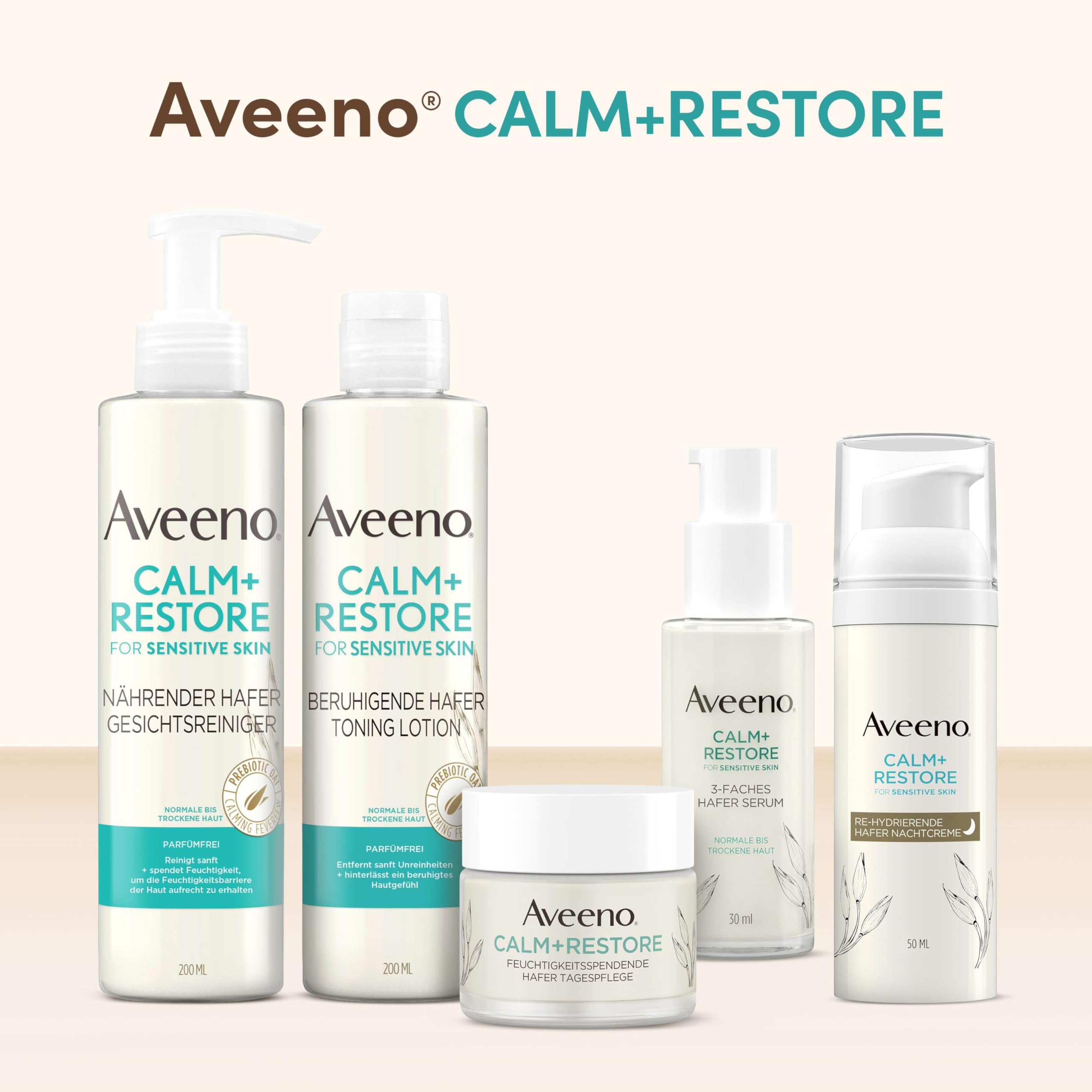 Aveeno Calm+Restore Hautpflege-Set für Empfindliche Haut | Beruhigende Tagespflege, Serum, Nachtcreme und Gesichtsreiniger mit Hafer und Mutterkraut für gestärkte Feuchtigkeitsbarriere