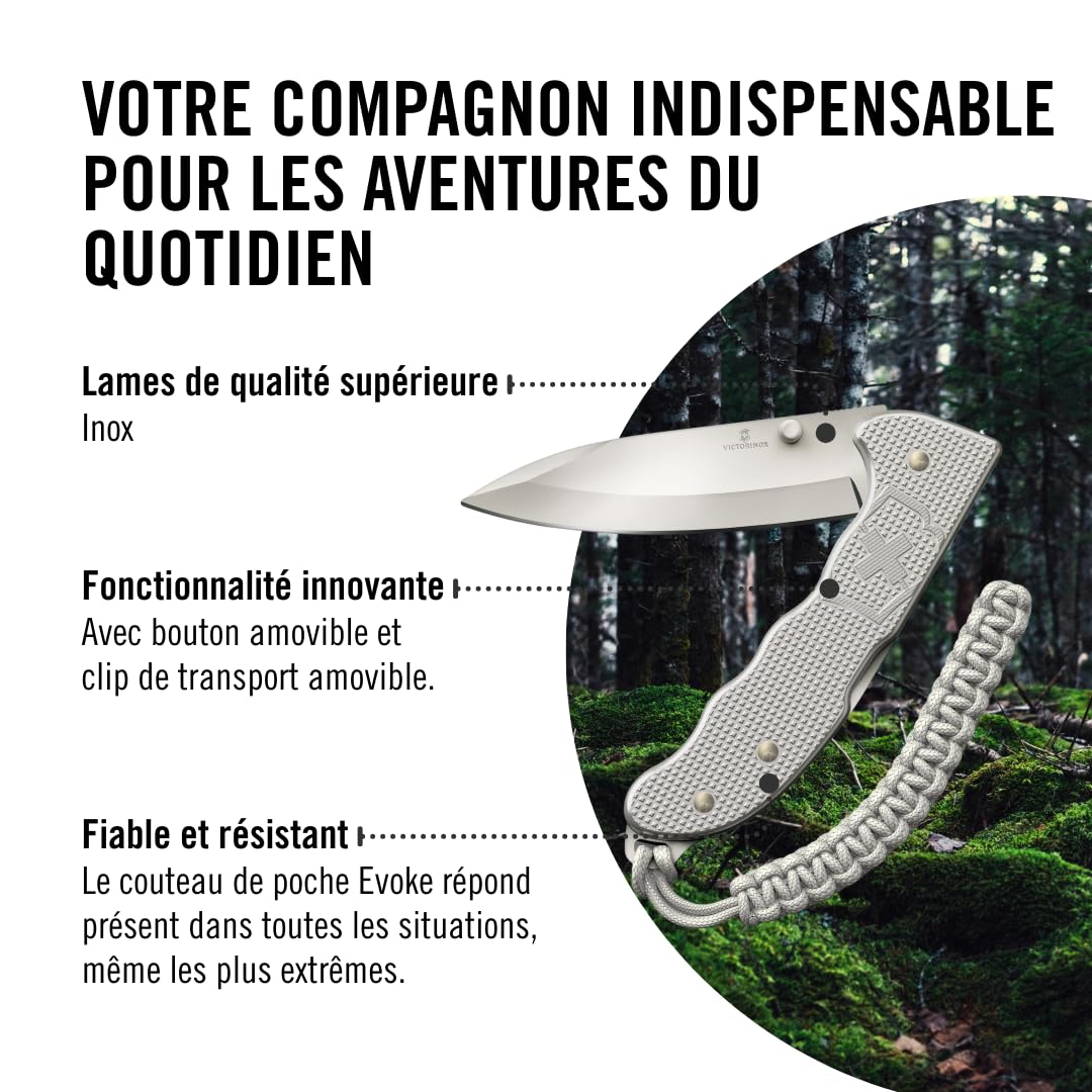 Victorinox Couteau Suisse Hunter Evoke Alox, Couteau Pliant Outdoor, 5 Fonctions, y c. Lame 10 cm et Attache en Paracorde, Argent