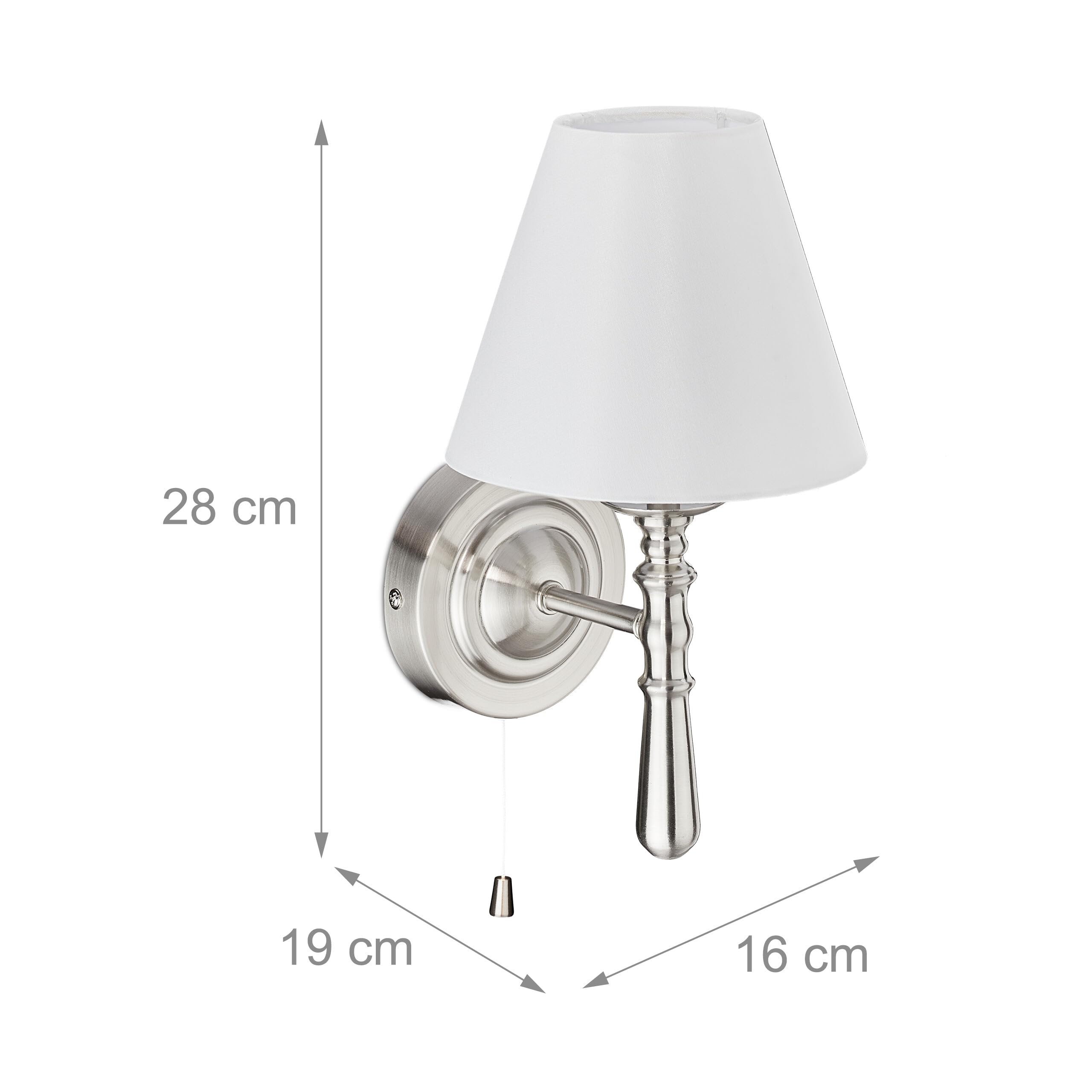 Relaxdays Applique con Paralume Tessuto, Set 2 Lampade da Parete, Interruttore a Corda, E14, HLP: 28x16x19 cm, Argento