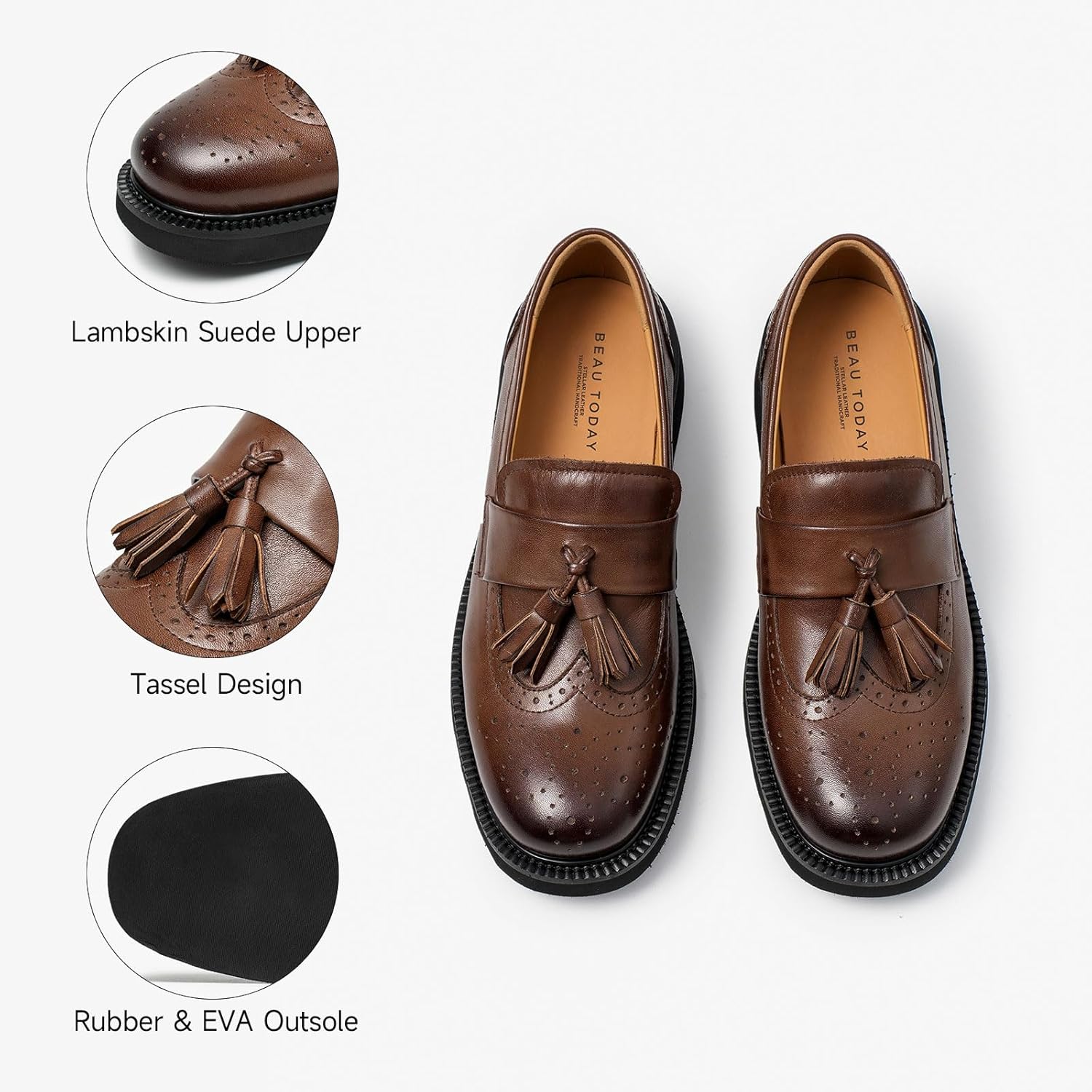 BEAU TODAY Tassel Loafers for Women, Genuine Leather Loafers, Brogue Wingtips Dress Shoes for Women, Breathable Slip-on Dress Flat Shoes for Business Work Casual - Image 4