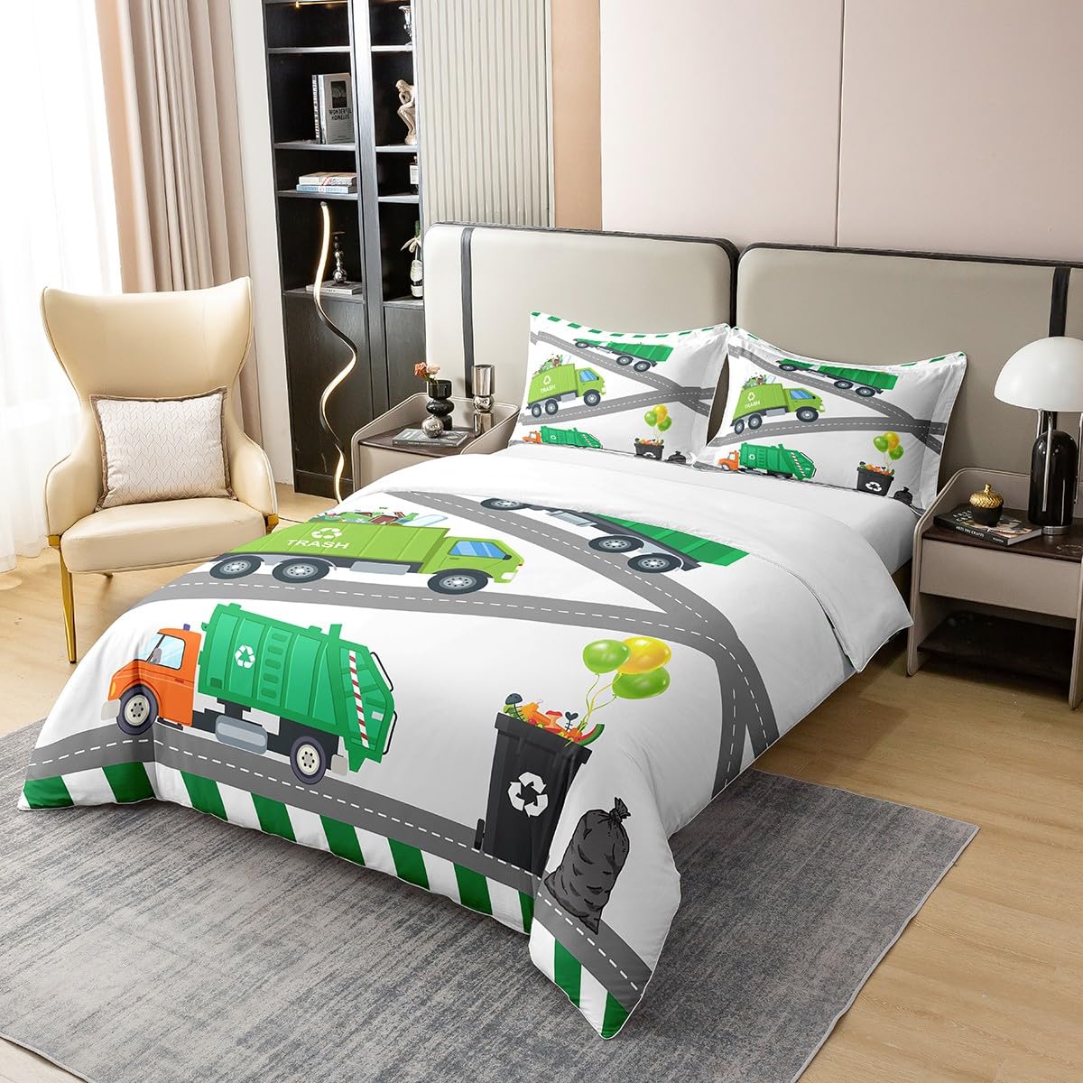 100% Baumwolle Jungen Grüner Müllwagen Bettbezug Cartoon Müllwagen Bettwäsche Set 135x200,Grünes Fahrzeug Auto Bettbezug Müllwagen Spielzeug Tröster Abdeckung mit 1 Kissenbezug Schlafzimmer Dekor