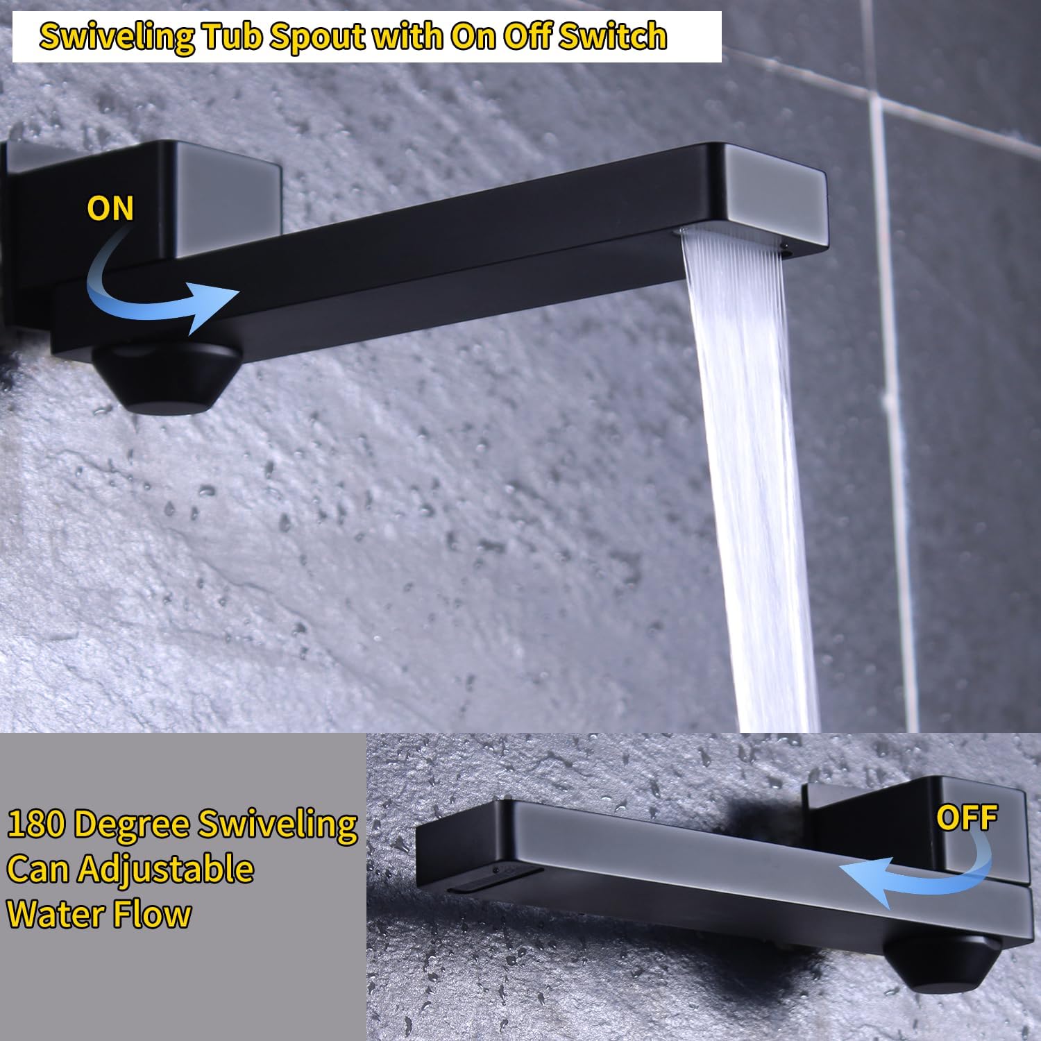 Matte Black Waterfall Tub Faucet Spout Non Diverter for Bathtub Shower Faucet Folding Wall Mount 180 Degree Swivel Bath Tub Spout with ON/Off High Flow Filler Bath Spa Bathtub Spout