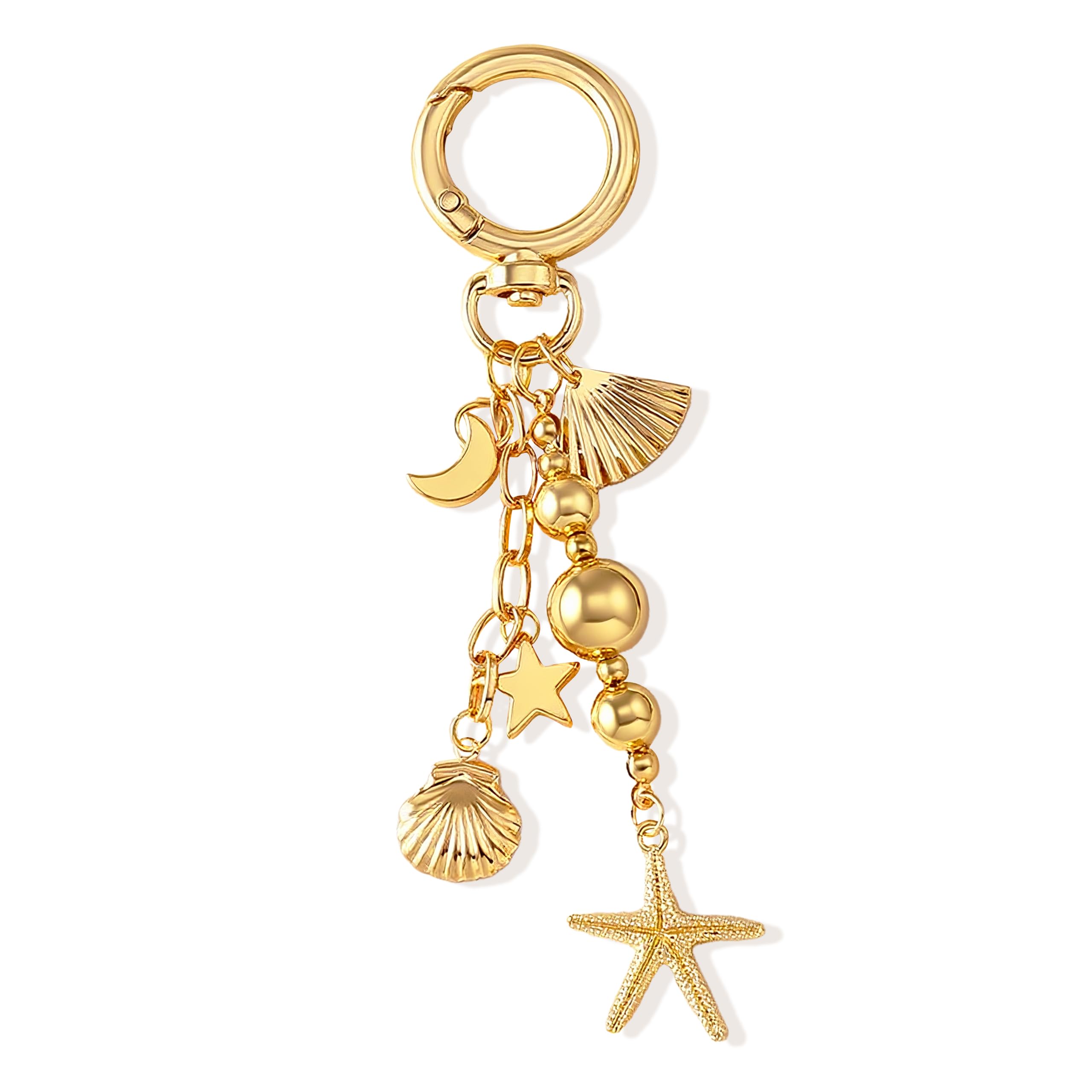Angyape Gold Beach Keychain Cute Starfish Pearl Seashell Keychain Bag Charms Purse Charms Summer Travel Gifts for Women