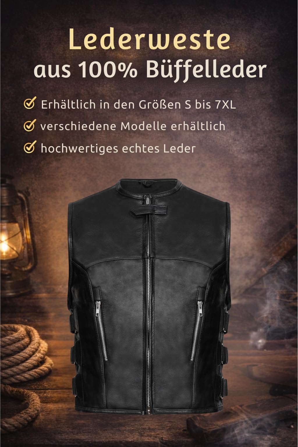 PAULGOS Lederweste Weste Kutte Leder Biker Rocker Motorrad Clubweste Bikerweste Motorradweste Schwarz BW10